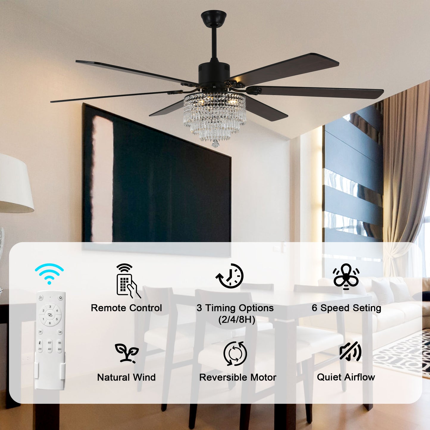DC6502-65" Black/Silver Finish Metal Crystal Wooden Reversible Ceiling Fan with Remote and 3 Lights, Large Size Ceiling Fan