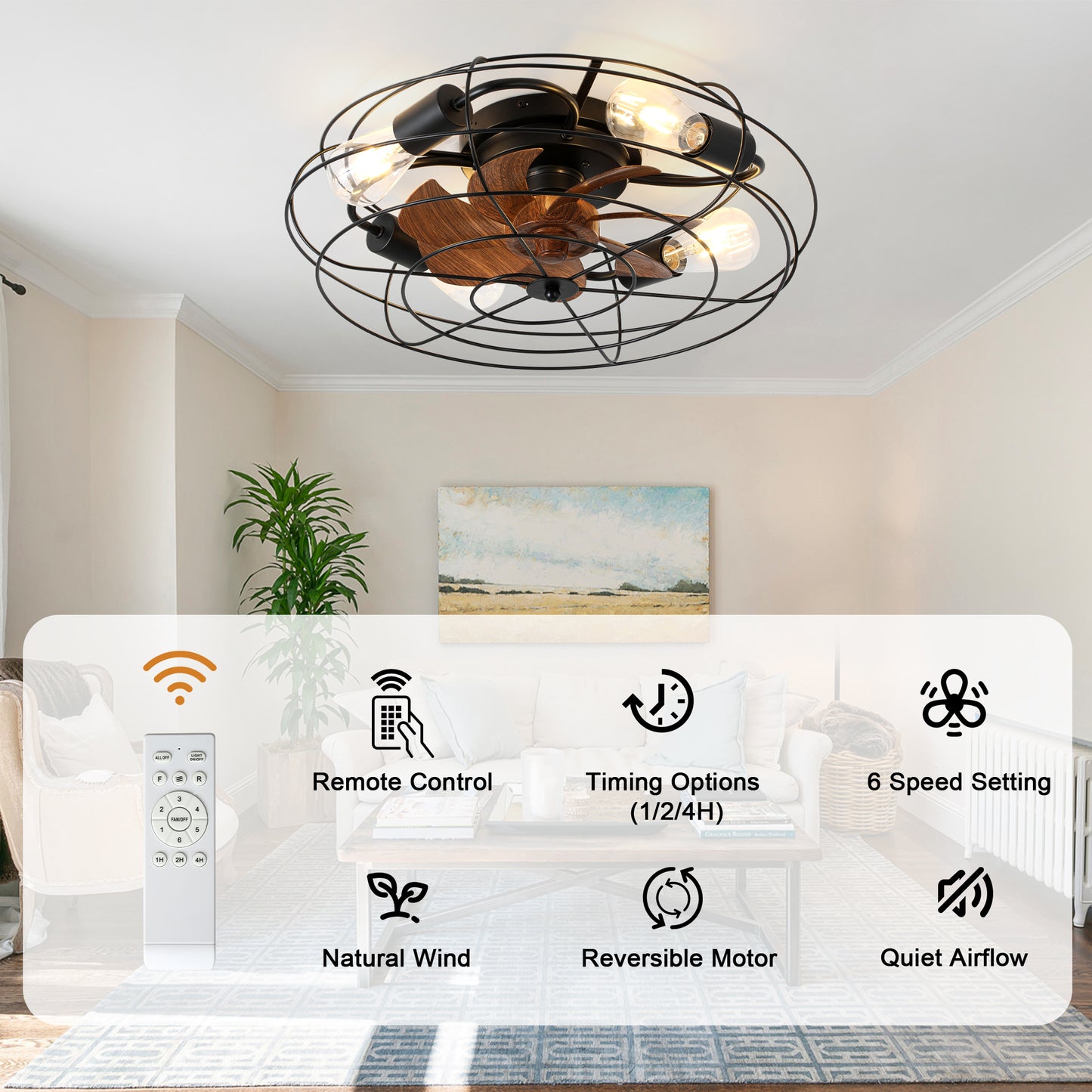 GED2035-BellaDepot 20" Flush Mount Ceiling Fan with Remote Control, Metal Caged 6 Speeds Fan with Lights, Ceiling Fan for Low Profile Room