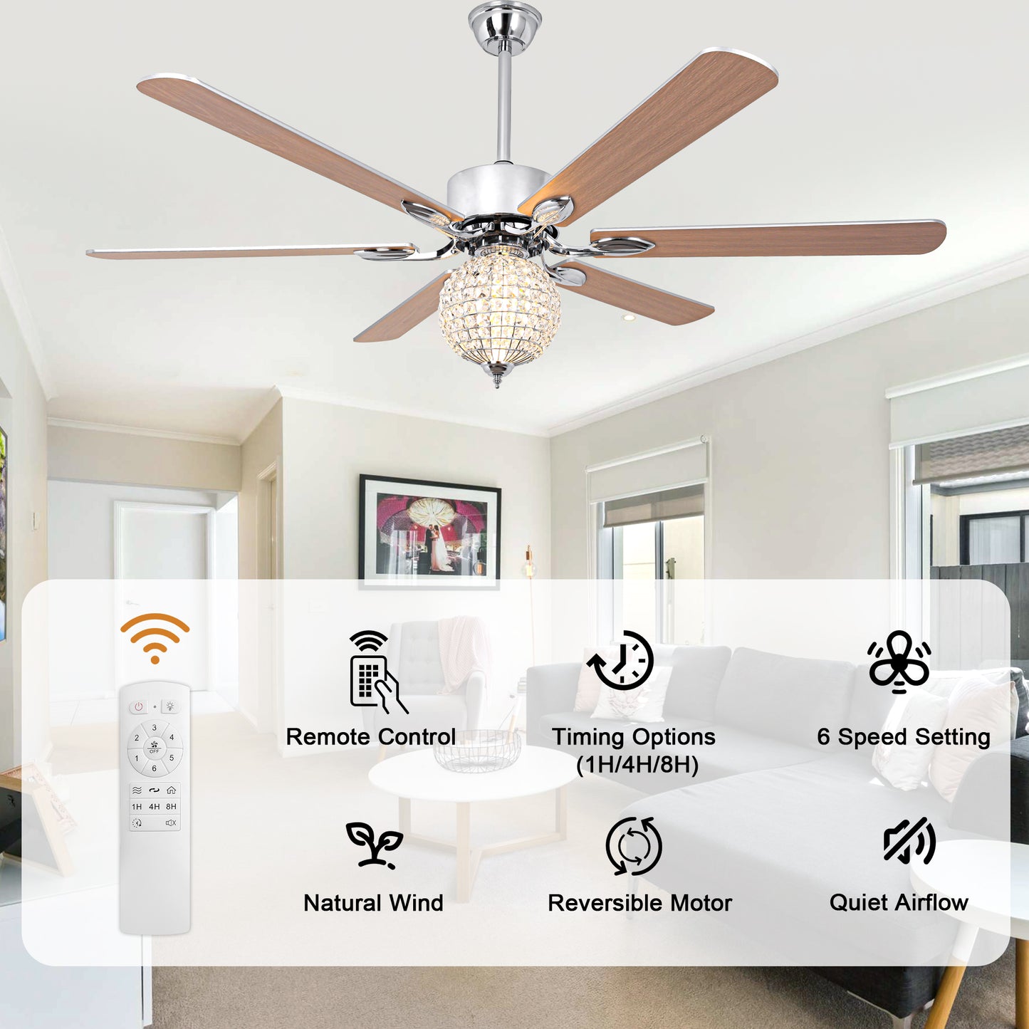 BellaDepot 65" Luxury Crystal Ball Chrome Large Size Ceiling Fan with Remote Control, Silent Motor 6 Speeds Straight Leaf Fan with LED Lights - DC6509