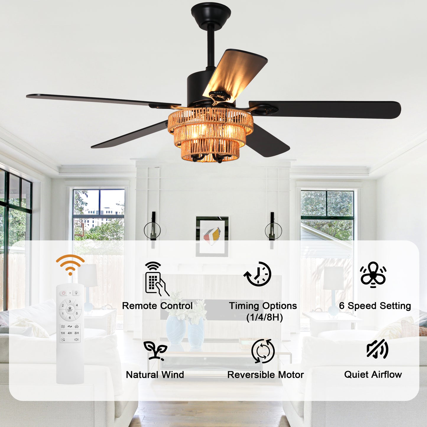 BellaDepot 52" Farmhouse Brown Rattan Caged Ceiling Fan with Remote Control, 5 Blades Standard Ceiling Fan with Lights - DC5221