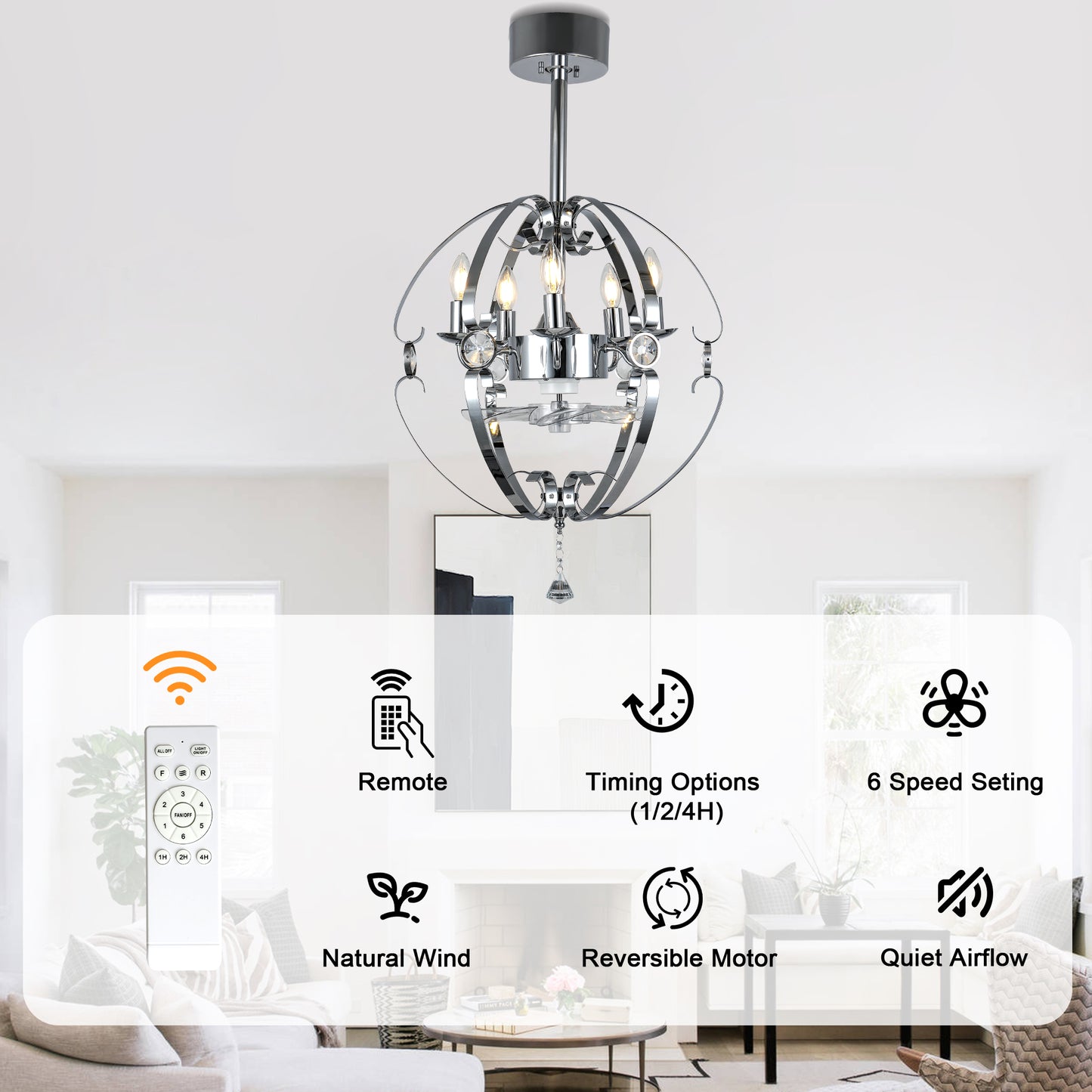 DC2031-19.7" Silver Finish Luxury Crystal Reversible Ceiling Fan with Remote and 5 Lights, 6-Speed Ceiling Fan