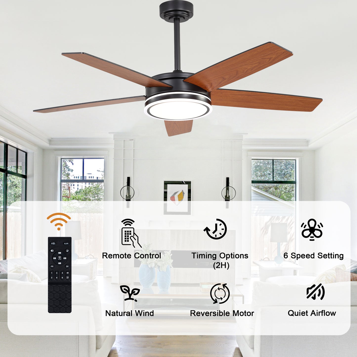 BellaDepot 52" Modern Contemporary Black or Chrome LED Ceiling Fan with Remote Control and Lights, Reversible 6 Speeds Ceiling Fan for All Seasons - DC5225-B/C