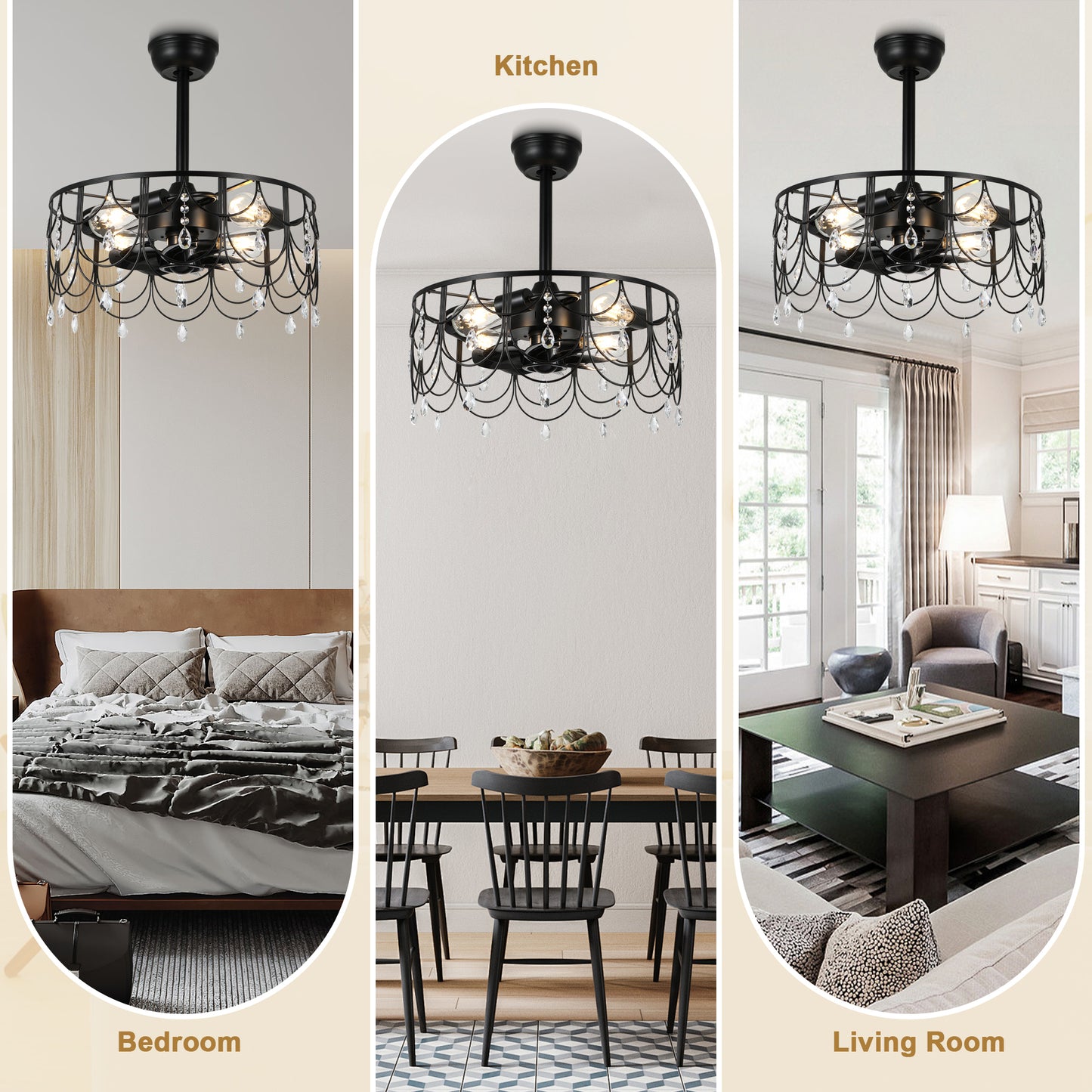 DC2105-20.8" Black/Silver Finish Luxury Crystal Reversible Ceiling Fan with Remote and 4 Lights, 6-speed Bladeless Ceiling Fan