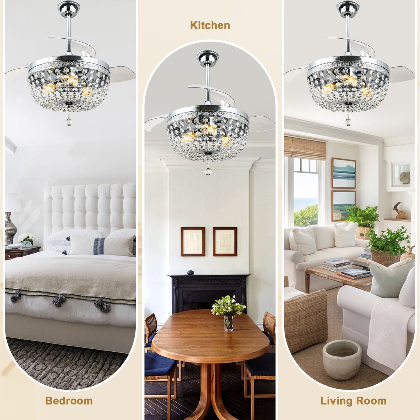 BellaDepot 42" Retro Silver Crystal Chandelier Ceiling Fan with Invisible Blades and Remote Control, Retractable Ceiling Fan for Living Room- DC4269-C