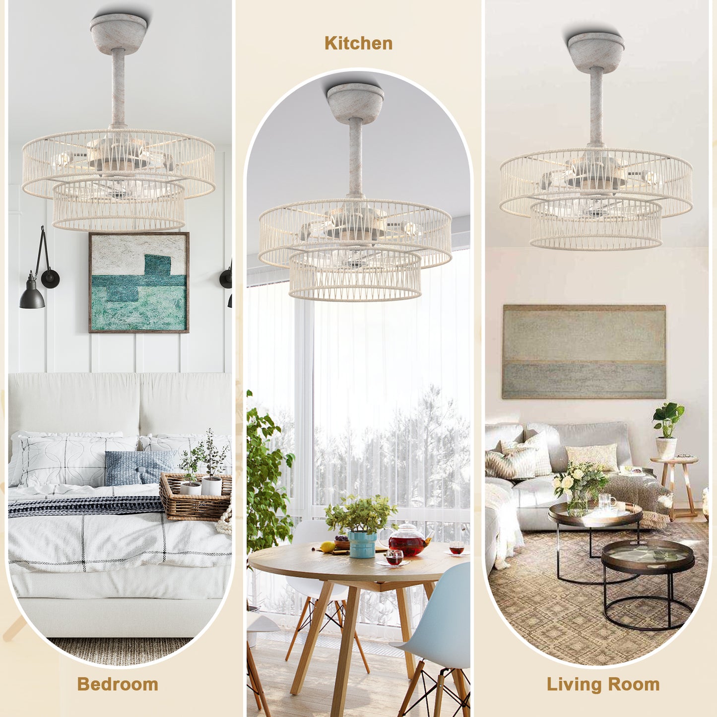 DC2030-BellaDepot 19.7" Hokkaido Distressed White Finish Simple Style Reversible Ceiling Fan with Remote and 4 Lights, 6-speed Bladeless Ceiling Fan