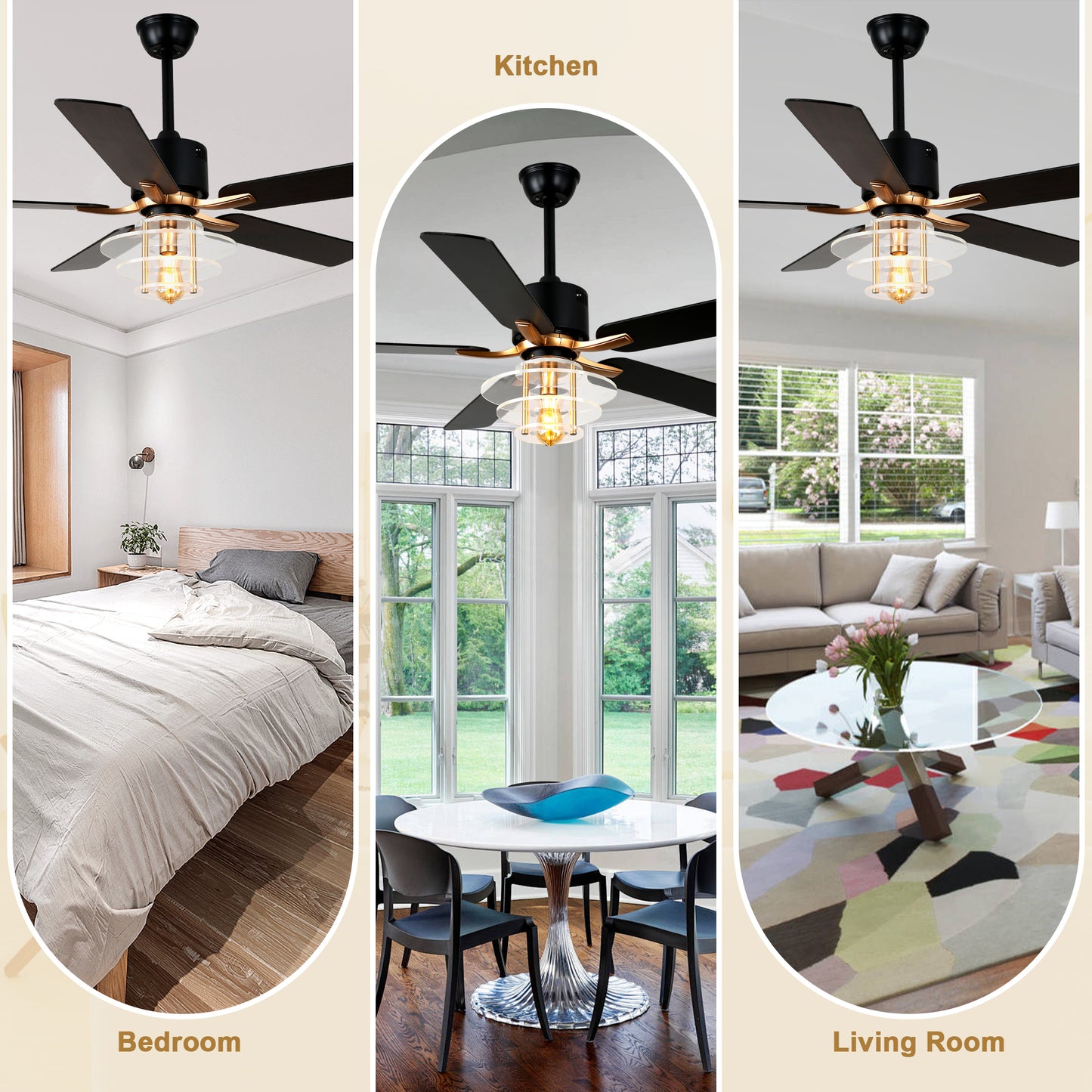 BellaDepot 52" Modern Black or Chrome Acrylic Shade Ceiling Fan with Remote Control, 5 Blades Standard Ceiling Fan with Lights - DC5222-B/C