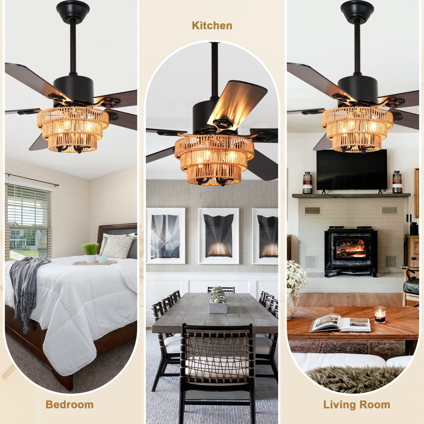 BellaDepot 52" Farmhouse Brown Rattan Caged Ceiling Fan with Remote Control, 5 Blades Standard Ceiling Fan with Lights - DC5221