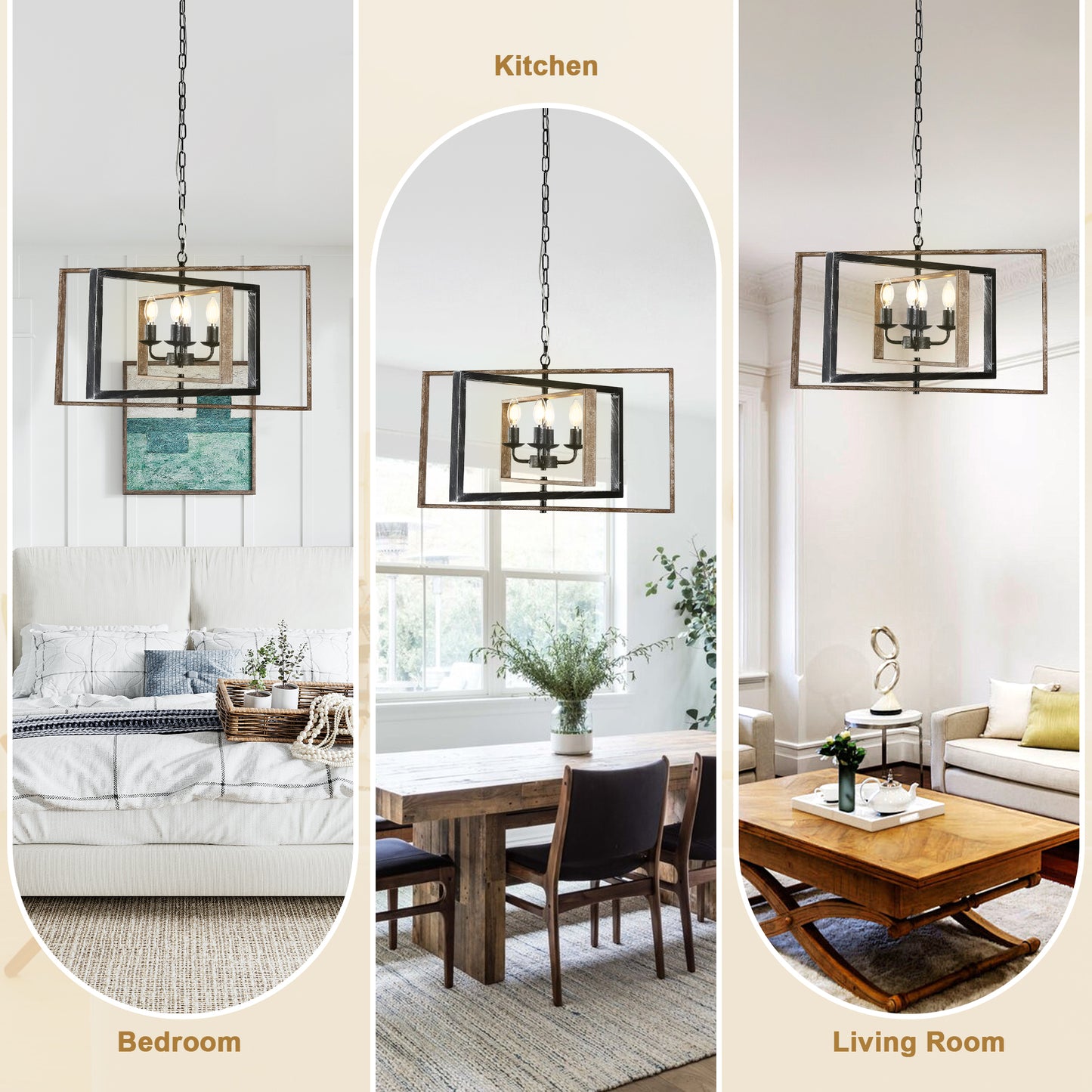 FC4114-4 Lights Geometric Wood Chandelier, Height Adjustable Home Decoration Pendant Light