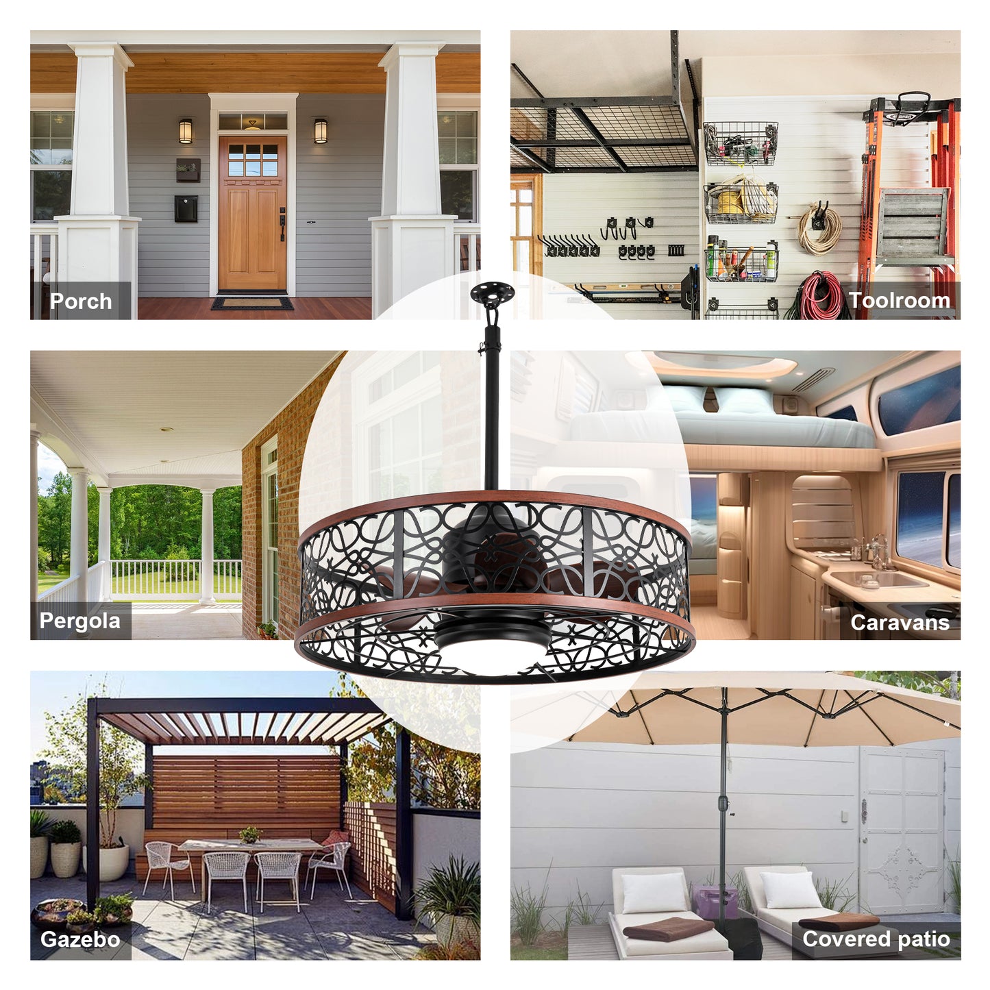 HW2310-GED-BellaDepot 24" Outdoor Iron Carving Caged Ceiling Fan with Remote Control, DC Motor 6 Speeds Fan with LED Lights