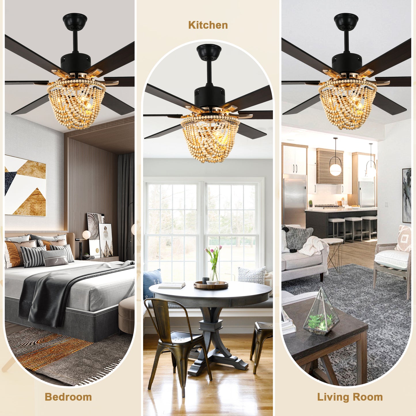 BellaDepot 65" Wood Bead Cottage Large Size Ceiling Fan with Remote Control, Silent Motor 6 Speeds Straight Leaf Fan with 3 Lights - DC6508