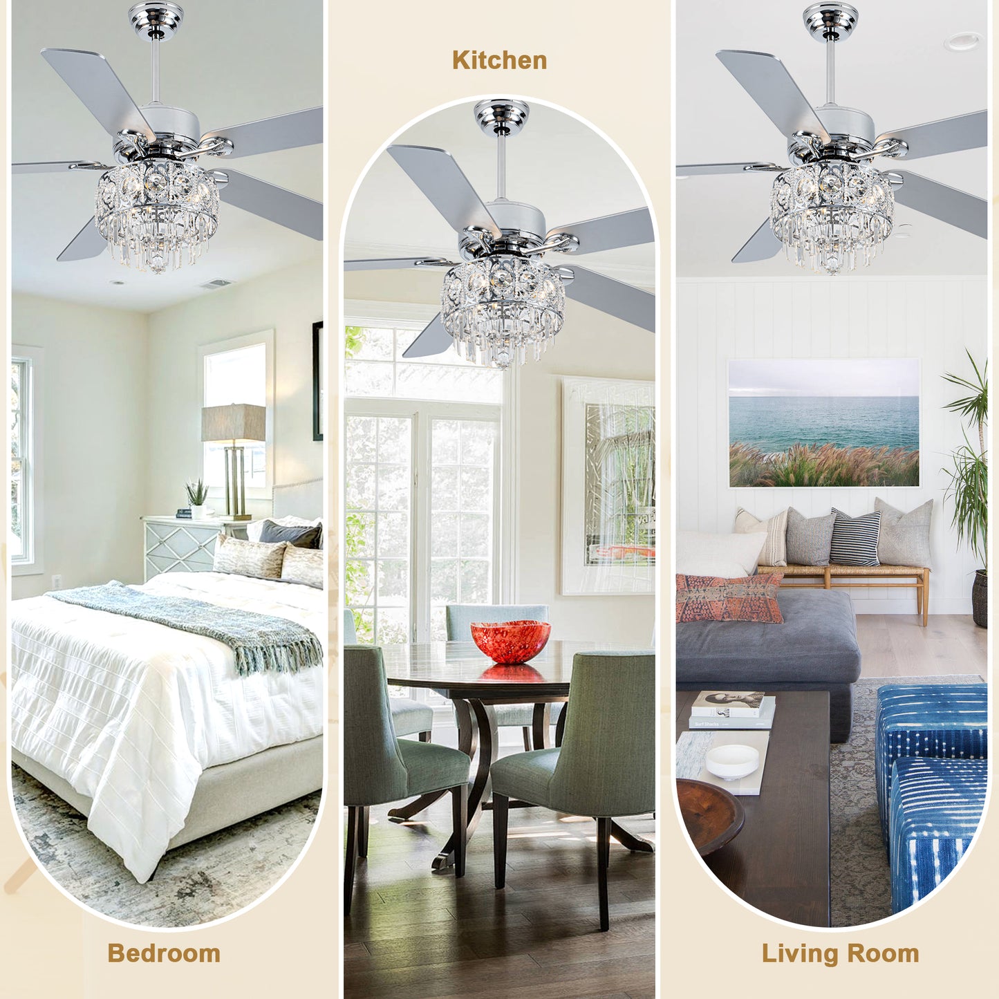 BD2064-52" Silver Finish Deluxe Crystal Reversible Ceiling Fan with 3 Lights and Remote