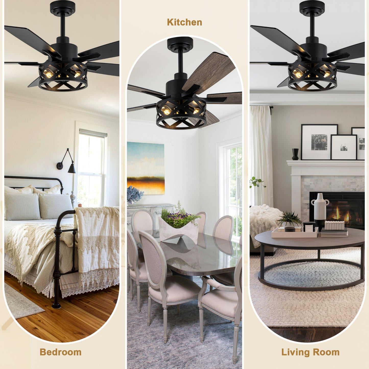 MD-FS8962XL-BellaDepot 52" Industrial Wood Grain Caged Ceiling Fan with Remote and Reversible Blades, Large Size 6-speed Ceiling Fan with Lights