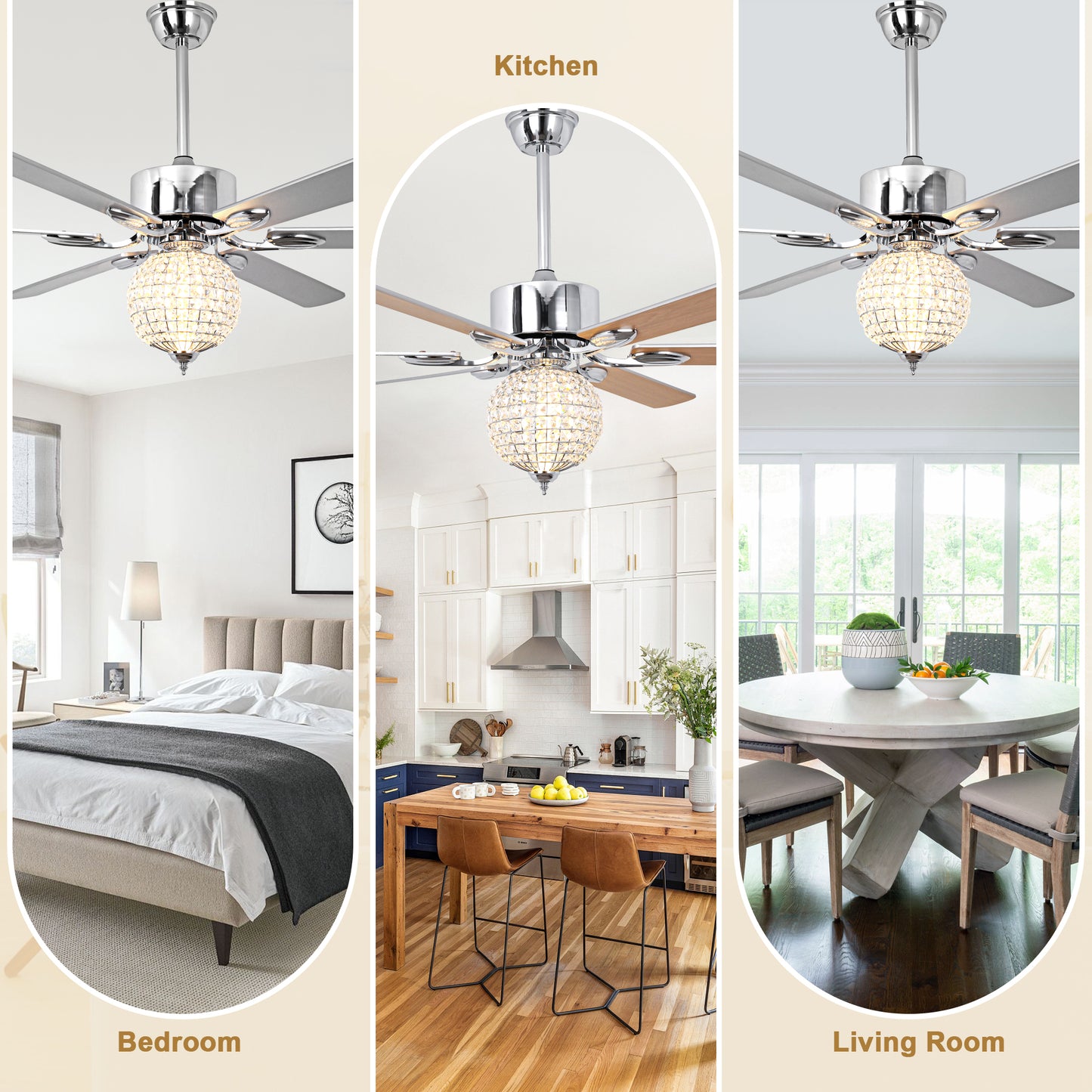 BellaDepot 65" Luxury Crystal Ball Chrome Large Size Ceiling Fan with Remote Control, Silent Motor 6 Speeds Straight Leaf Fan with LED Lights - DC6509