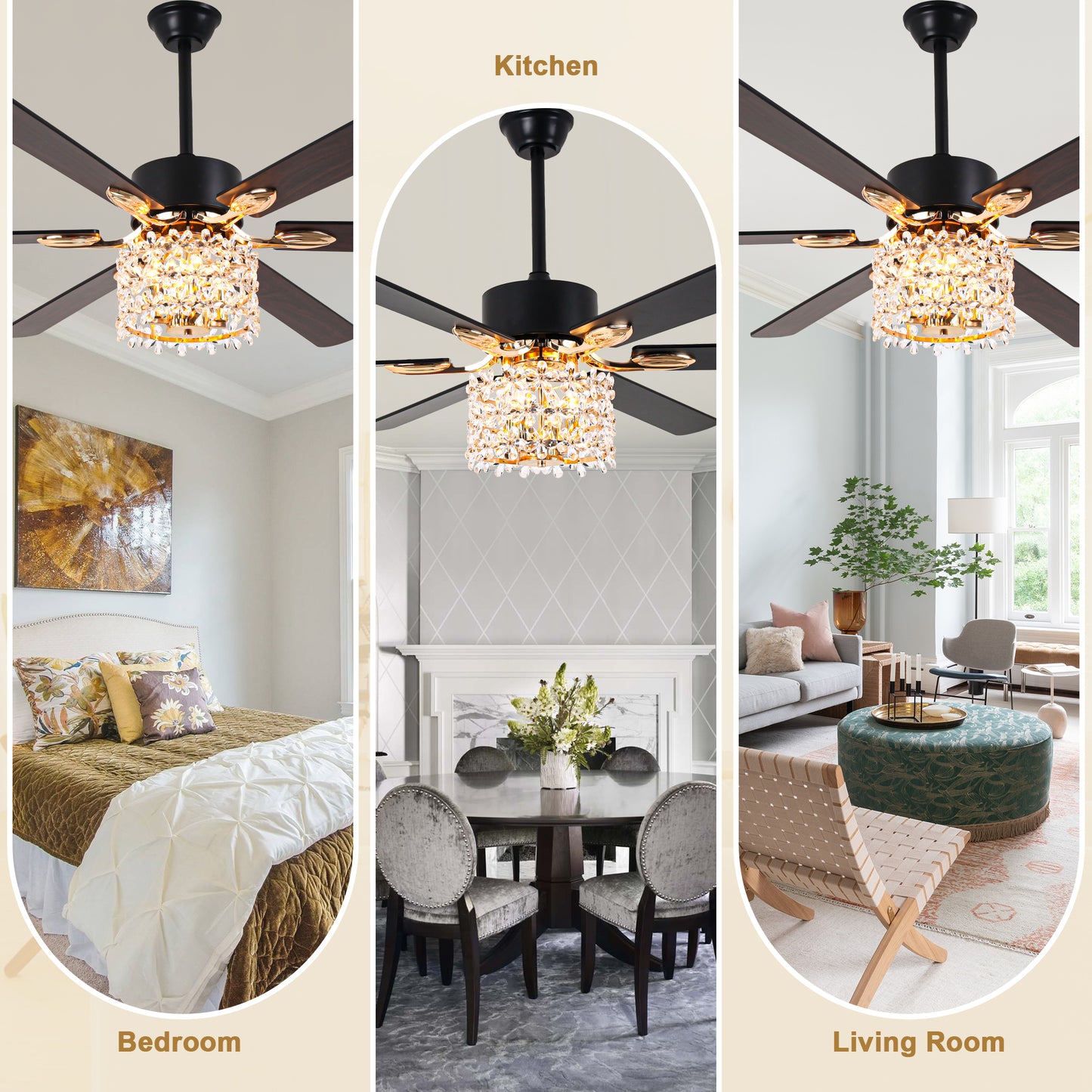BellaDepot 65" Luxury Crystal Shape Flower Caged Ceiling Fan with Remote Control and 3 Lights, Black or Silver Silent Straight Leaf Fan for All Seasons - DC6510-B/C