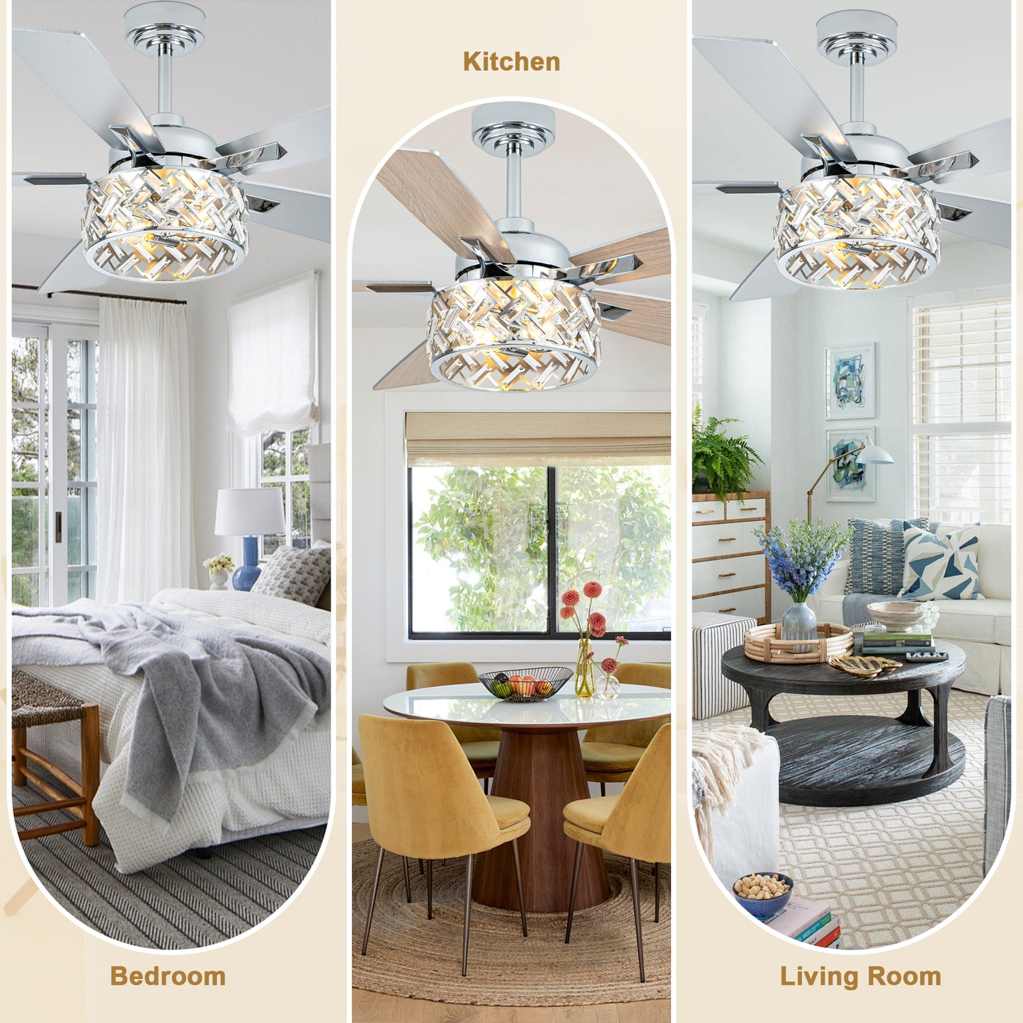BellaDepot 52" Luxury Crystal Caged Chrome Ceiling Fan with Remote Control, 6 Speeds Ceiling Fan with Lights for Living Room- DC5228-MD