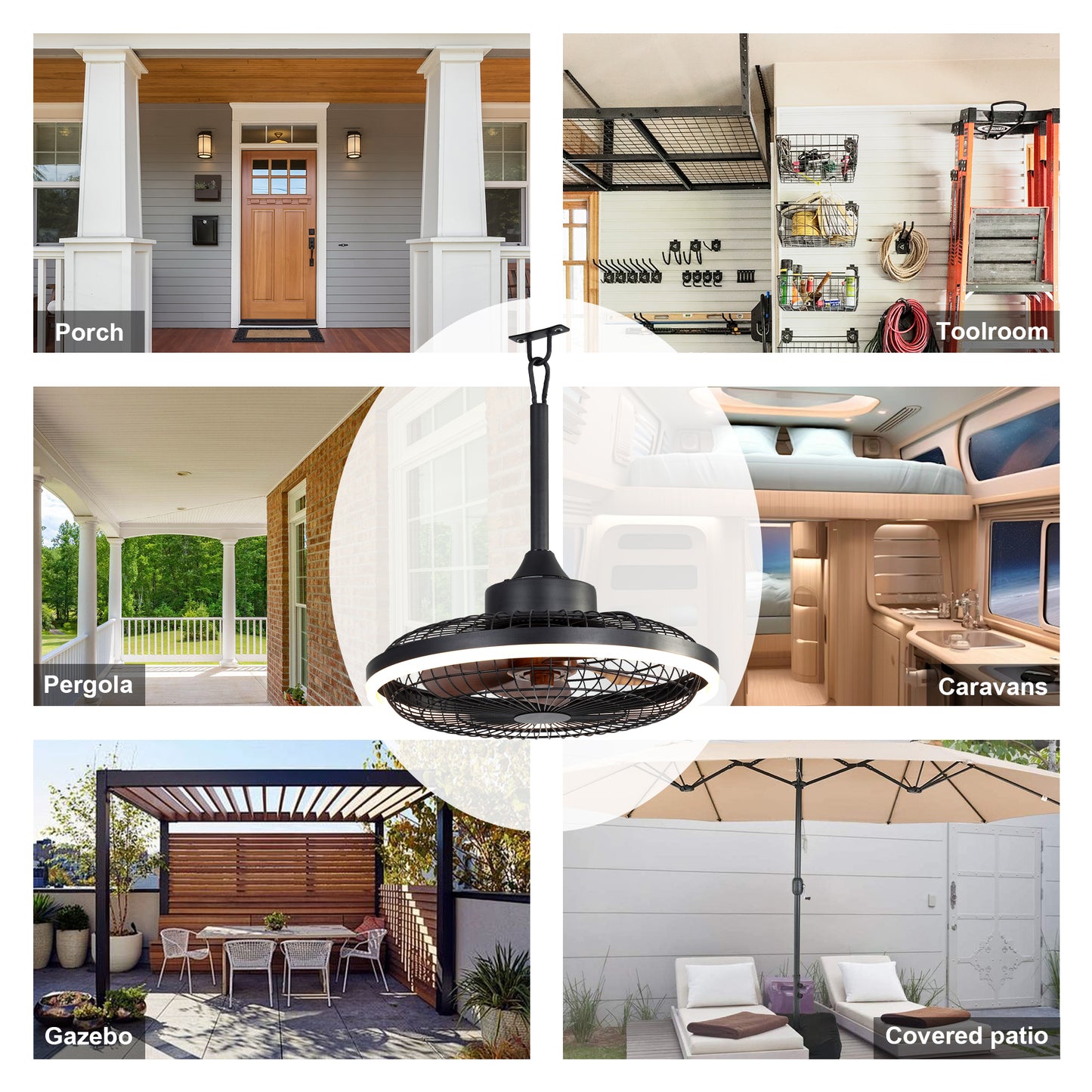 HW2001-BellaDepot 20" Compact Outdoor Caged Ceiling Fan with Remote Control, Waterproof Fan with LED Lights