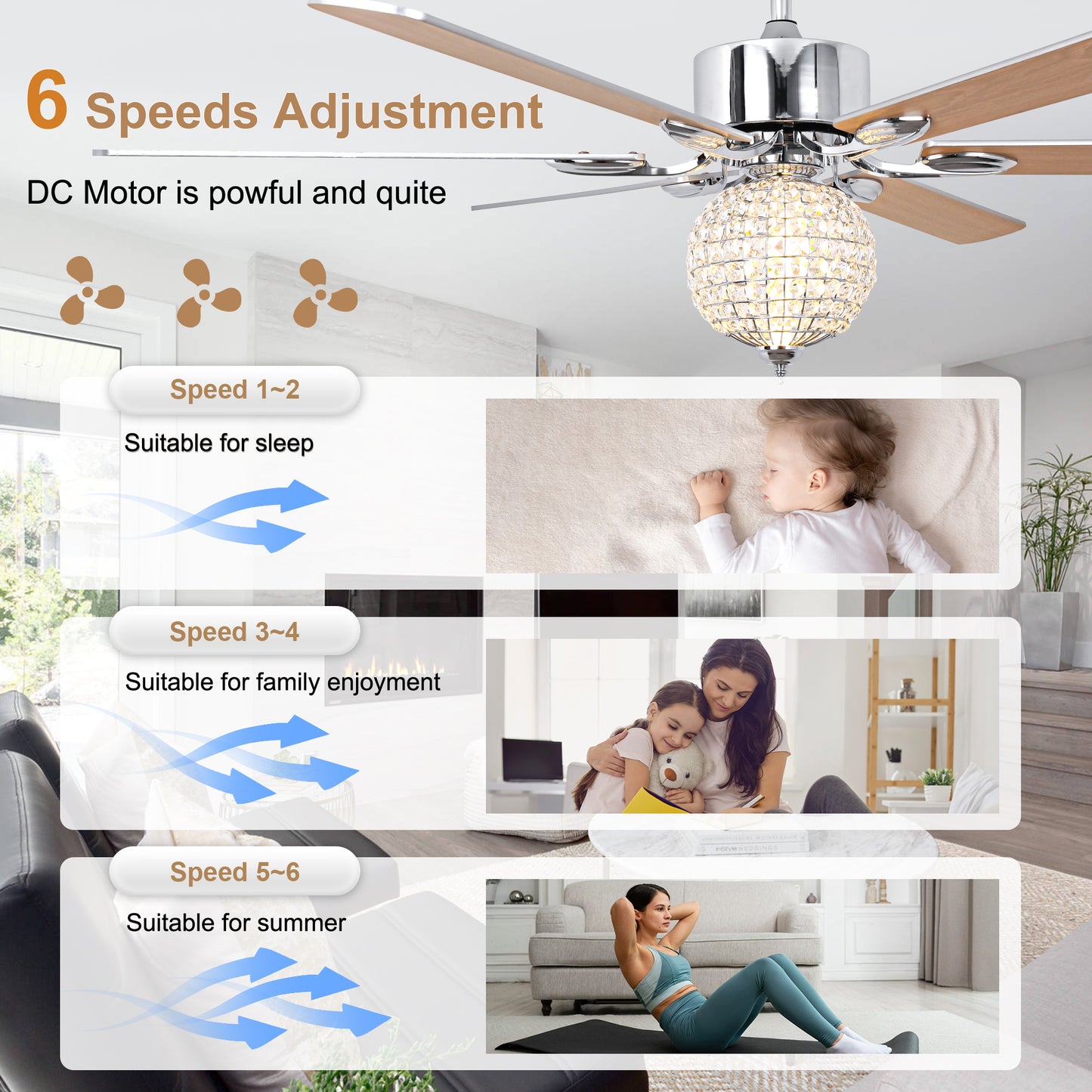 BellaDepot 65" Luxury Crystal Ball Chrome Large Size Ceiling Fan with Remote Control, Silent Motor 6 Speeds Straight Leaf Fan with LED Lights - DC6509