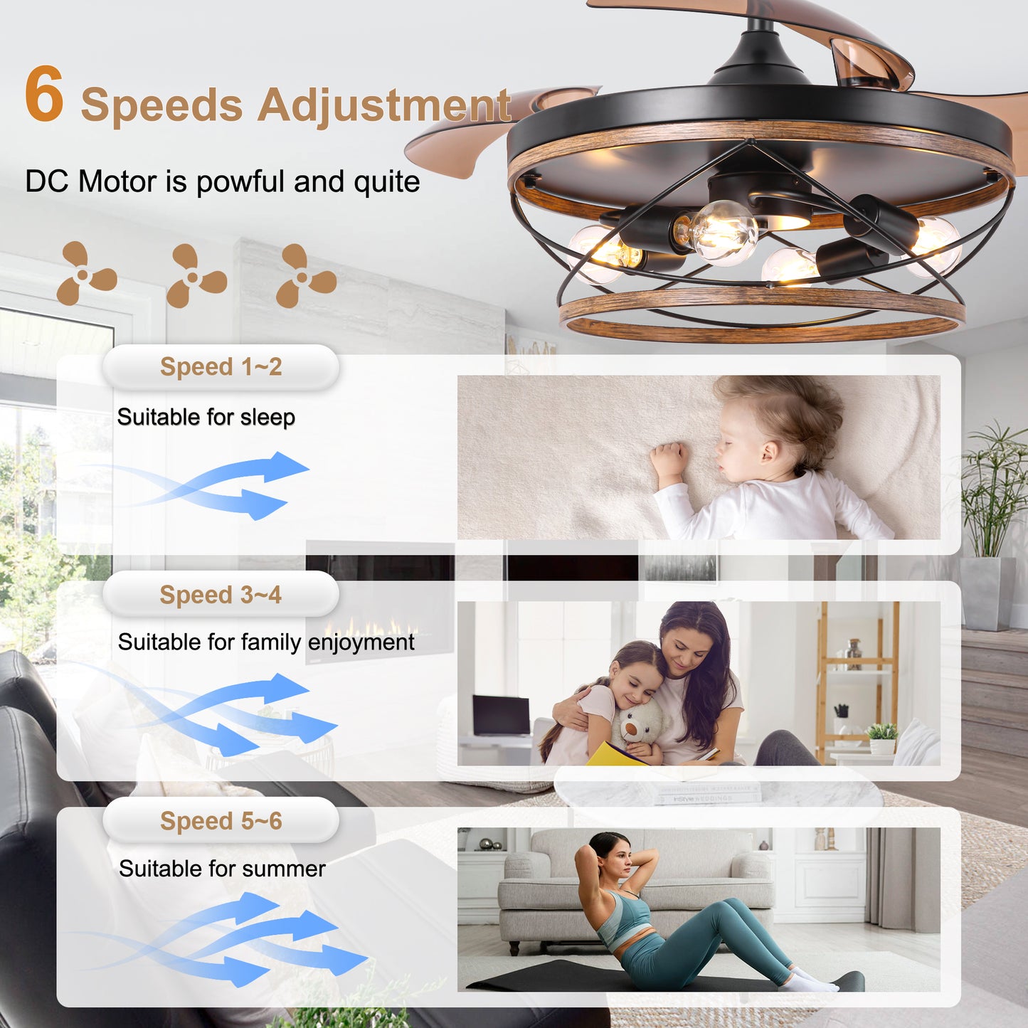 BellaDepot 42" Farmhouse Brown Retractable Ceiling Fan with Remote Control, Invisible Blades Ceiling Fan with Lights - DC4270