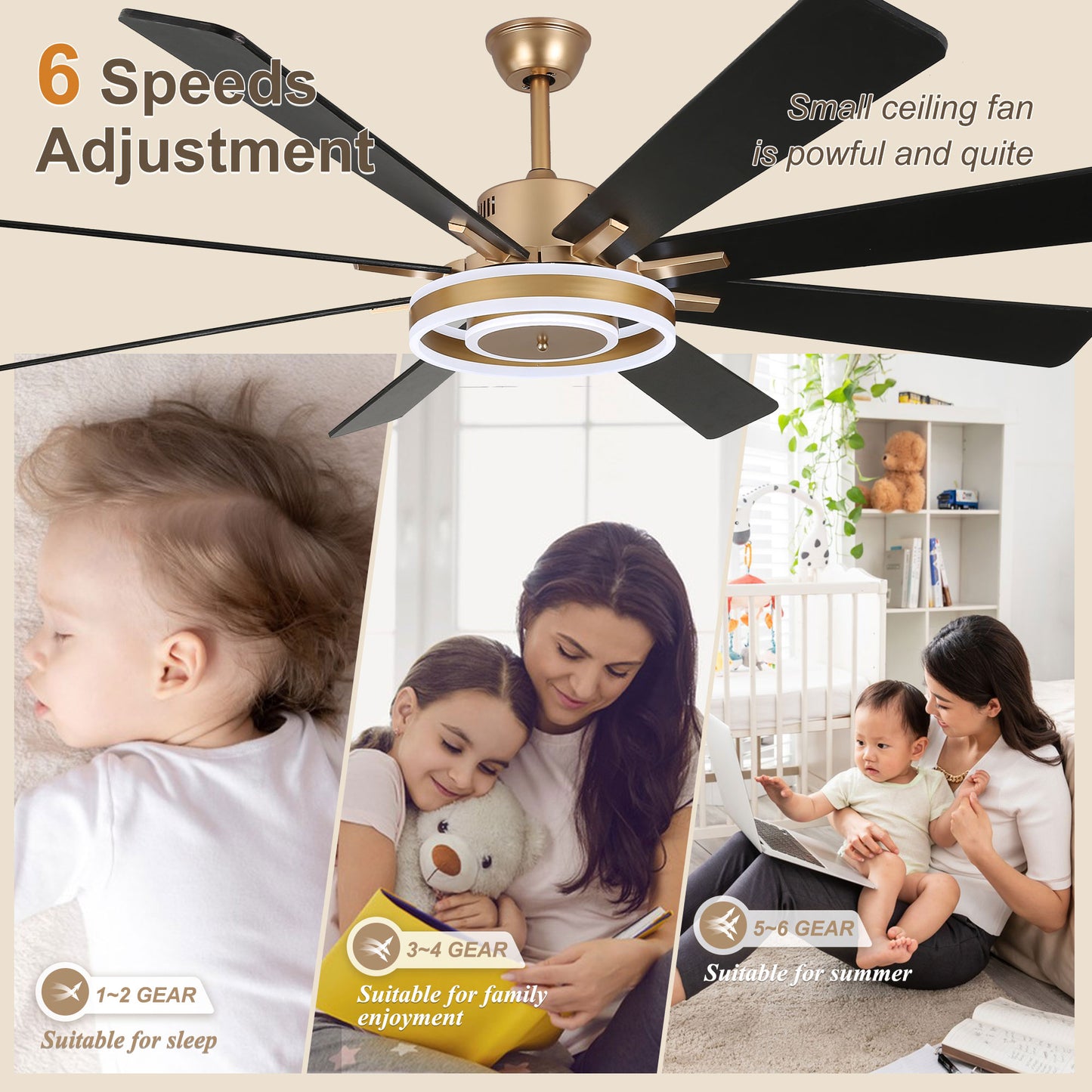 DC7202-BellaDepot 72" 8 Wooden Blades Gold/Black/Silver Finish Modern Urban Reversible Ceiling Fan with Remote and LED Light Kit Included, Large Size Dimmable Ceiling Fan