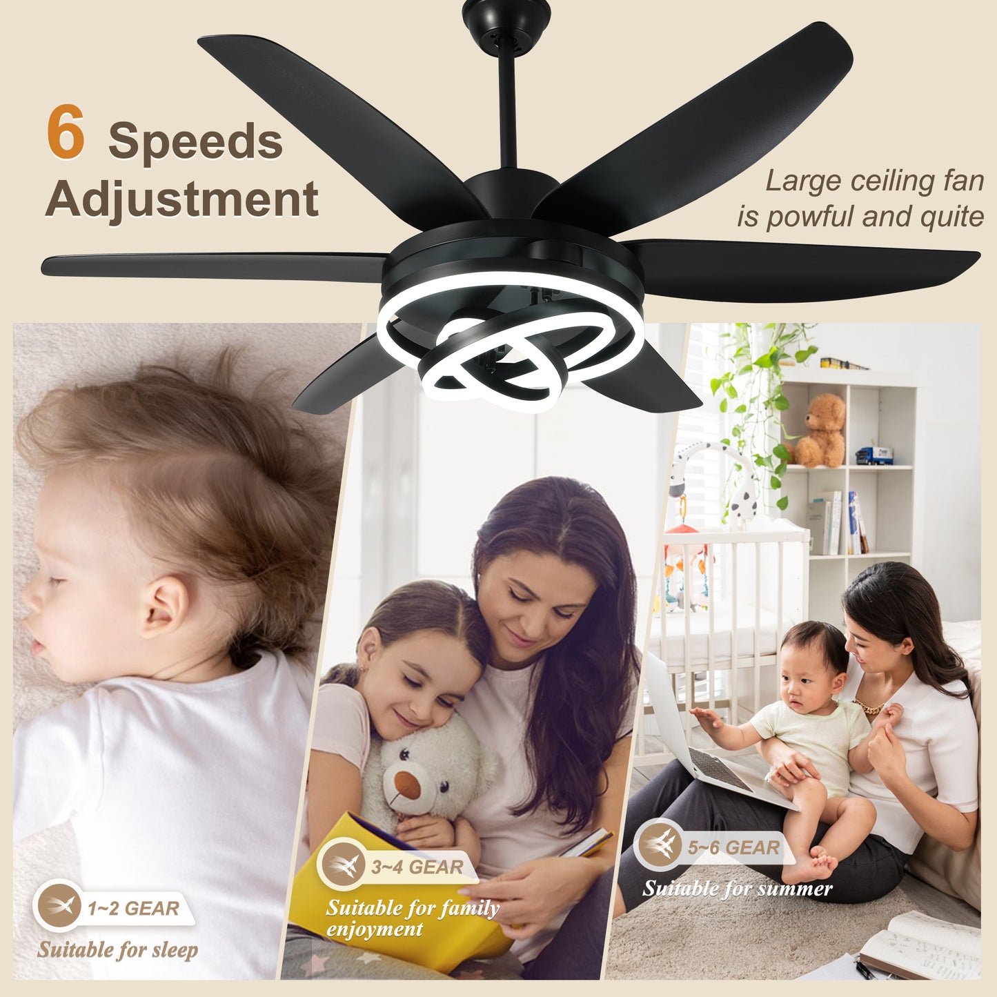GED5614-BellaDepot 56" Modern Contemporary Black LED Ceiling Fan, 6 Speeds Ceiling Fan with Light Remote Control for All Seasons