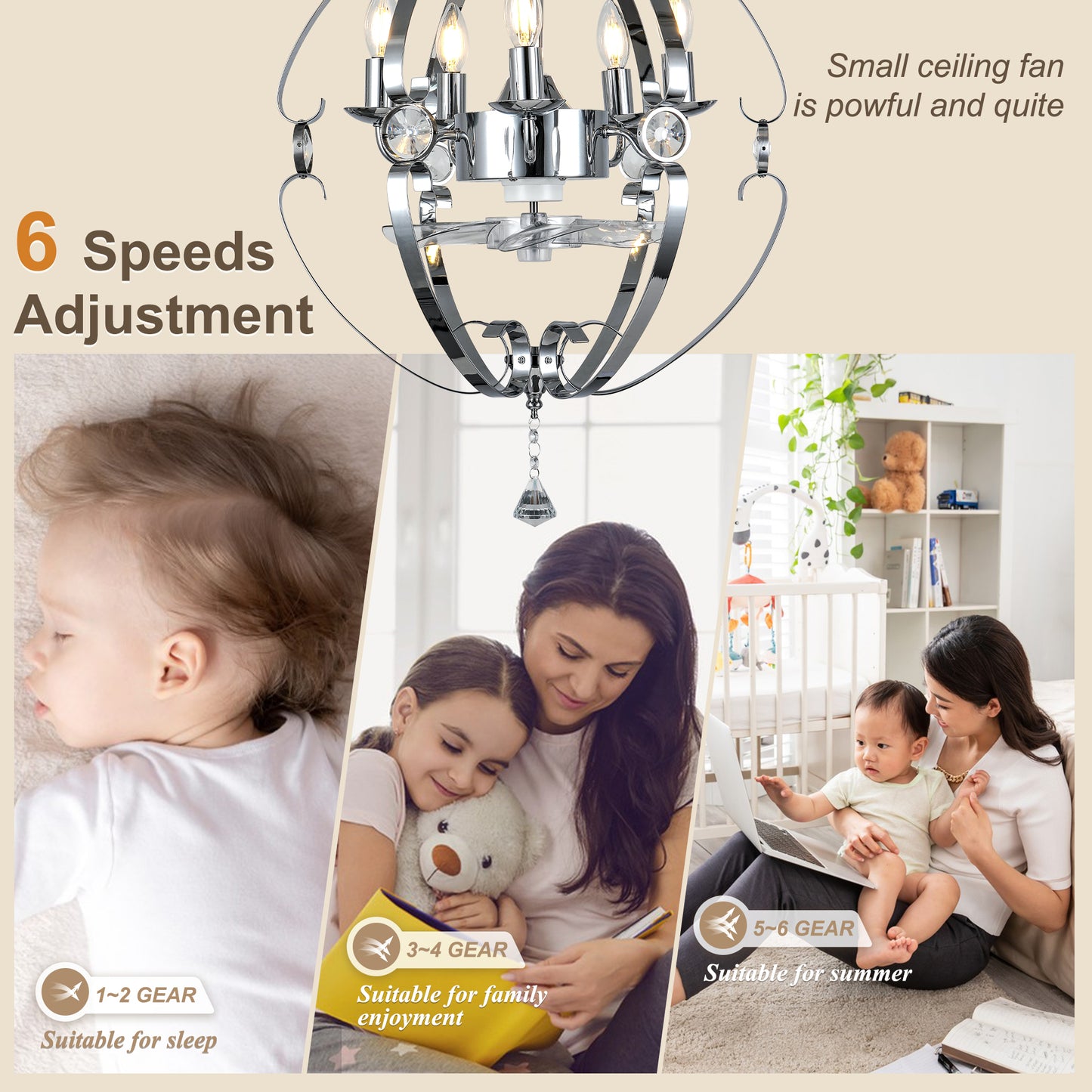 DC2031-19.7" Silver Finish Luxury Crystal Reversible Ceiling Fan with Remote and 5 Lights, 6-Speed Ceiling Fan