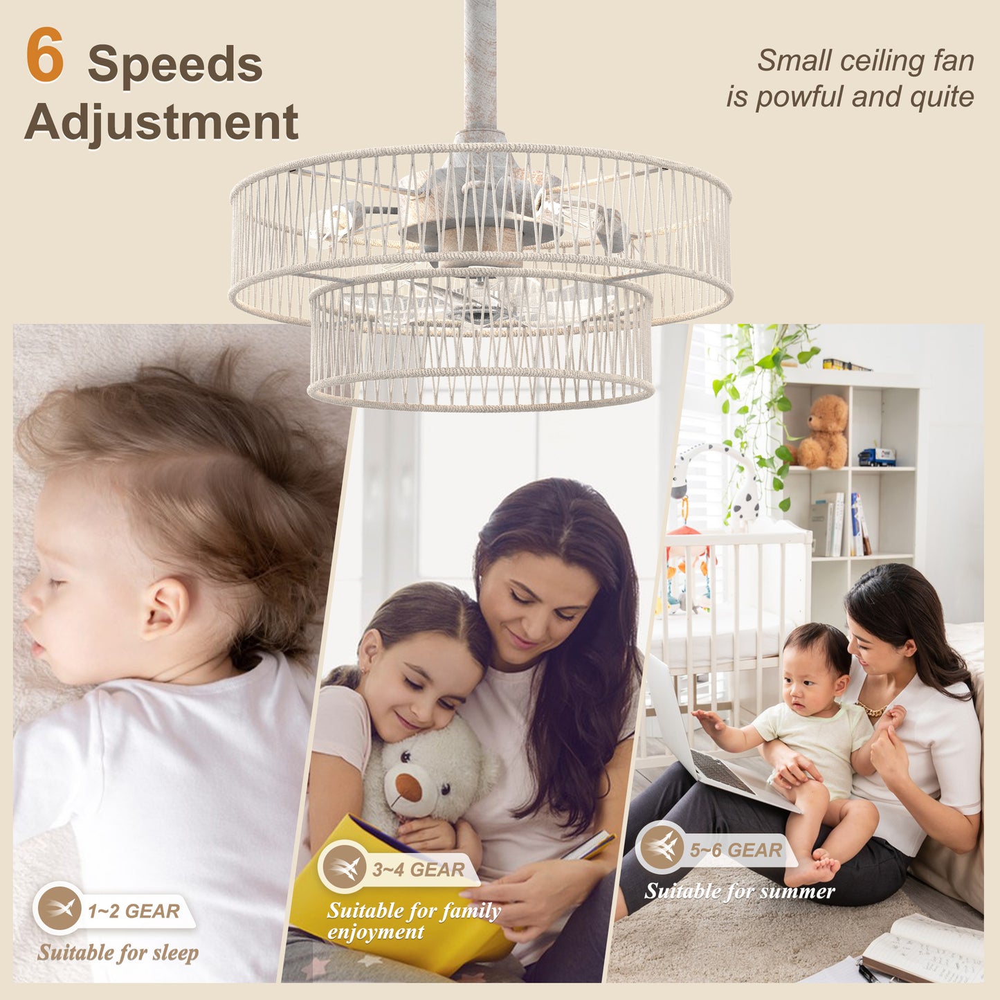 DC2030-BellaDepot 19.7" Hokkaido Distressed White Finish Simple Style Reversible Ceiling Fan with Remote and 4 Lights, 6-speed Bladeless Ceiling Fan