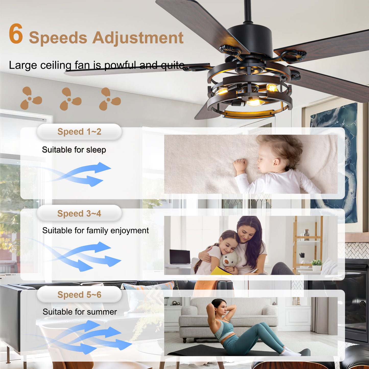 BellaDepot 52" Farmhouse Industrial Brown Ceiling Fan with Remote Control, 6 Speeds Ceiling Fan with Lights for Living Room- DC5224
