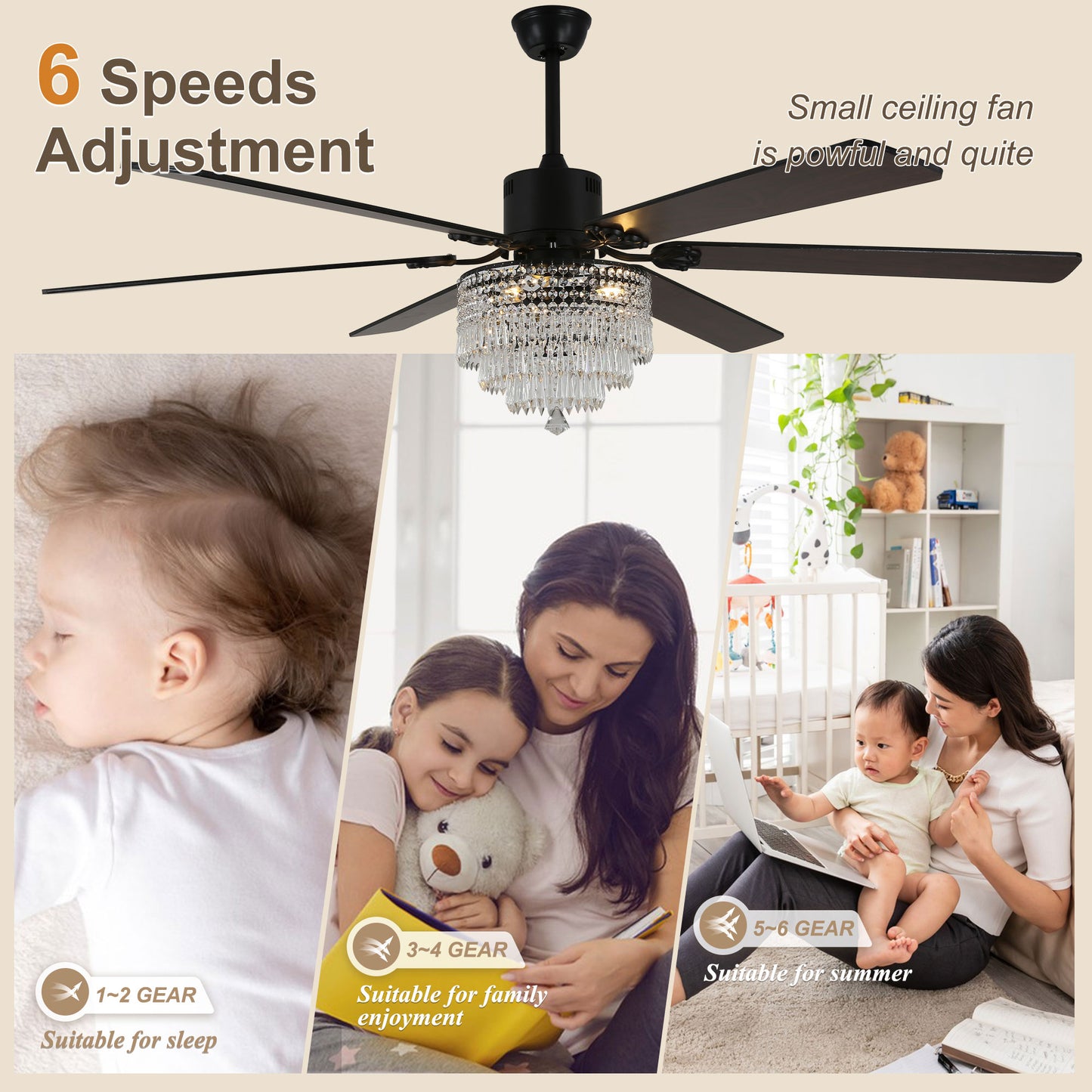 DC6502-65" Black/Silver Finish Metal Crystal Wooden Reversible Ceiling Fan with Remote and 3 Lights, Large Size Ceiling Fan