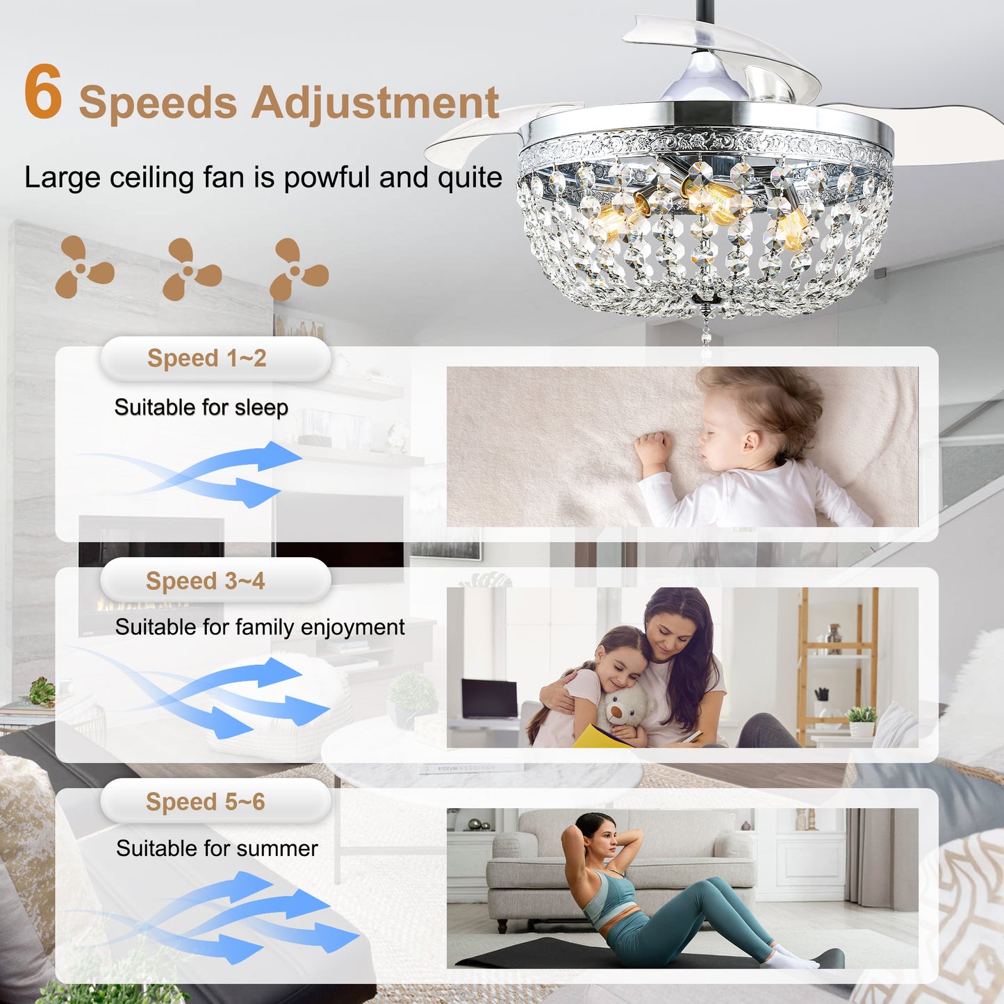BellaDepot 42" Retro Silver Crystal Chandelier Ceiling Fan with Invisible Blades and Remote Control, Retractable Ceiling Fan for Living Room- DC4269-C