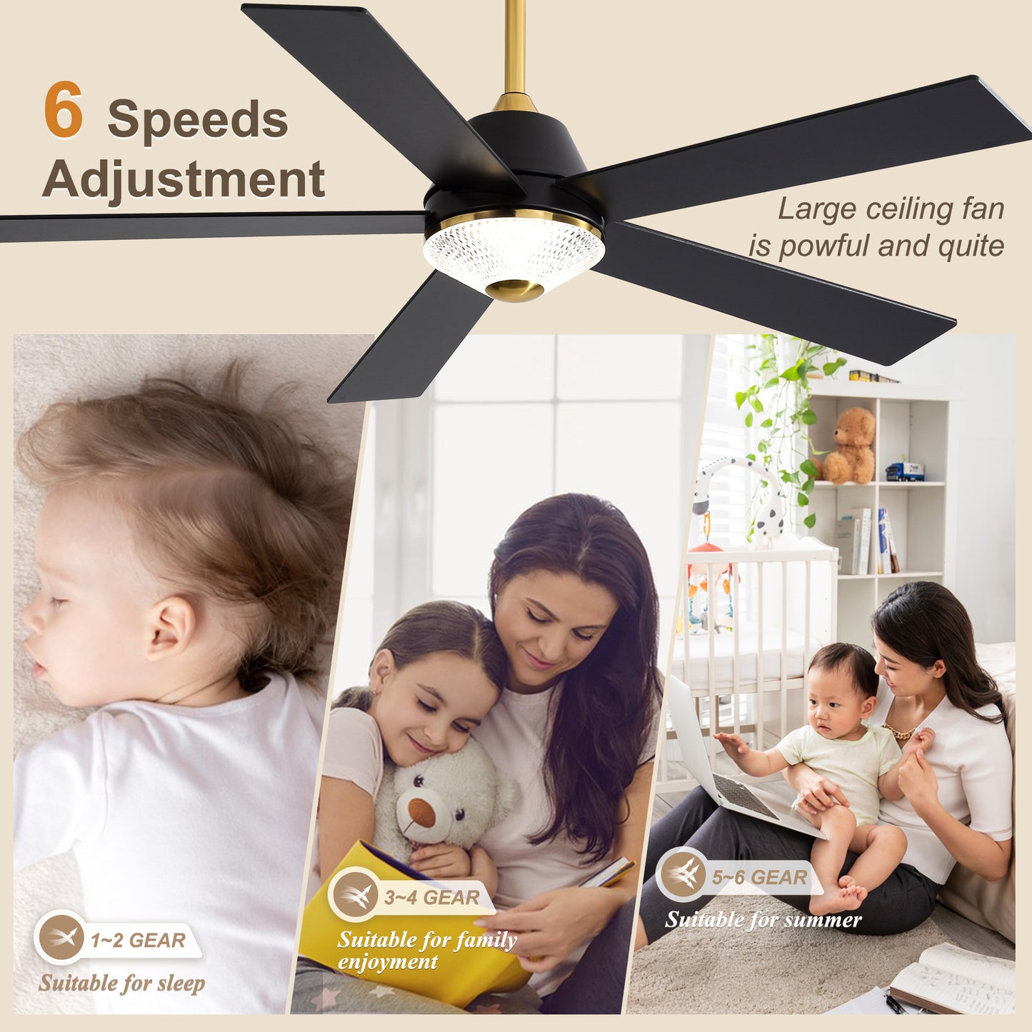 HWJ5218-52" 5 Wooden Blades Modern Reversible Ceiling Fan with Remote, 6-speed Bedroom Ceiling Fan