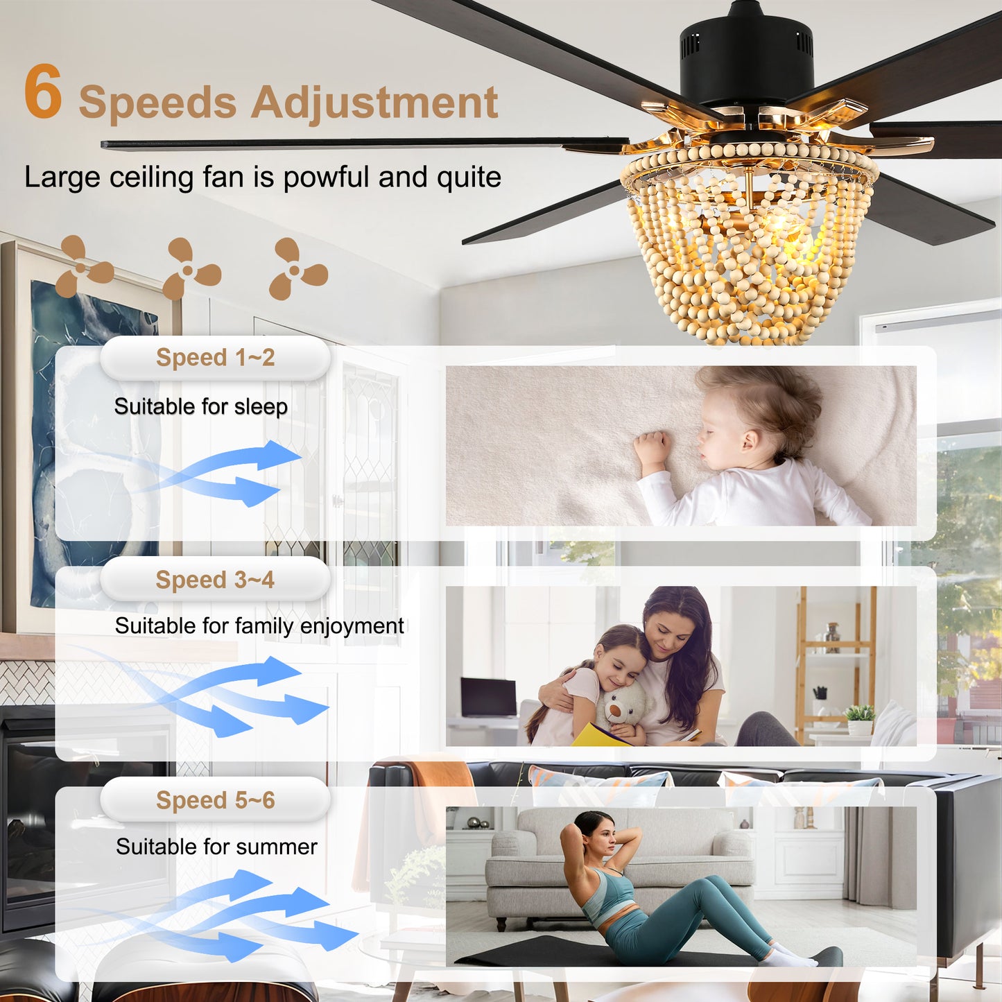 BellaDepot 65" Wood Bead Cottage Large Size Ceiling Fan with Remote Control, Silent Motor 6 Speeds Straight Leaf Fan with 3 Lights - DC6508