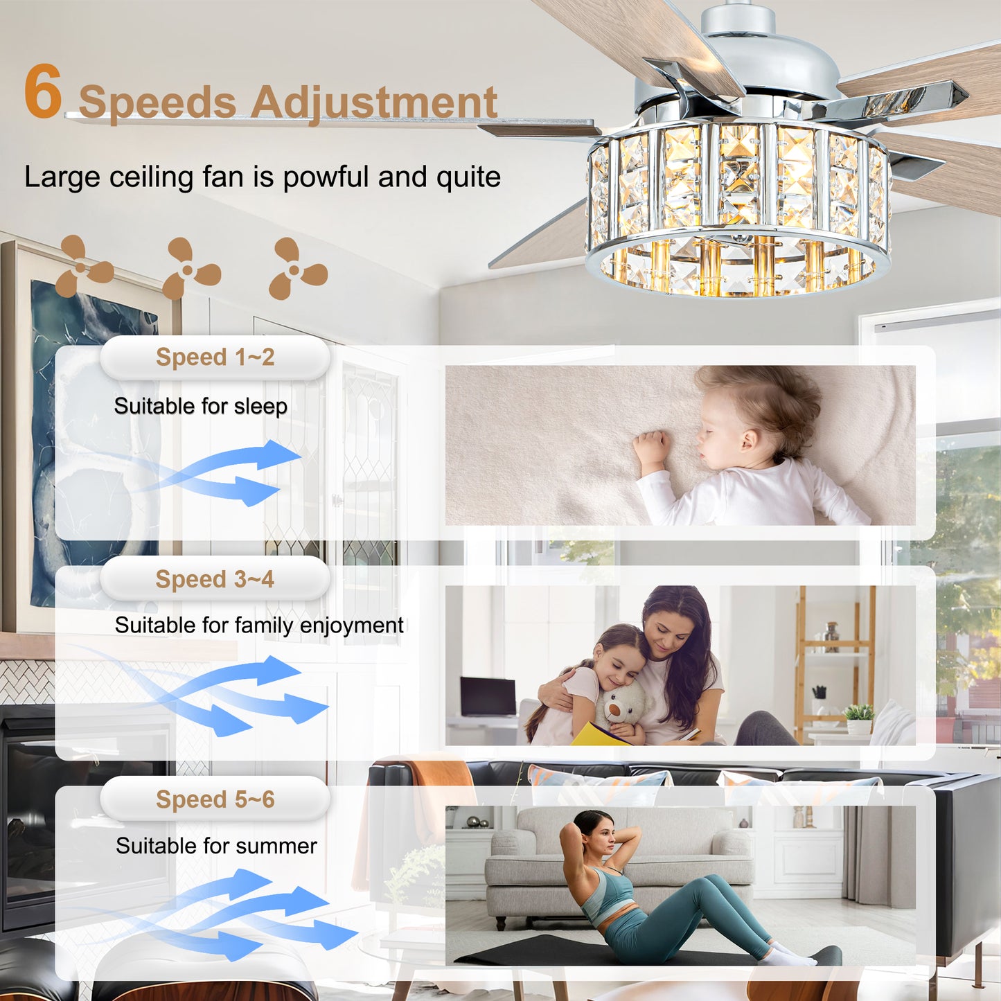 BellaDepot 52" Luxury Crystal Caged Chrome Ceiling Fan with Remote Control, 6 Speeds Ceiling Fan with Lights for Living Room- DC5229-MD