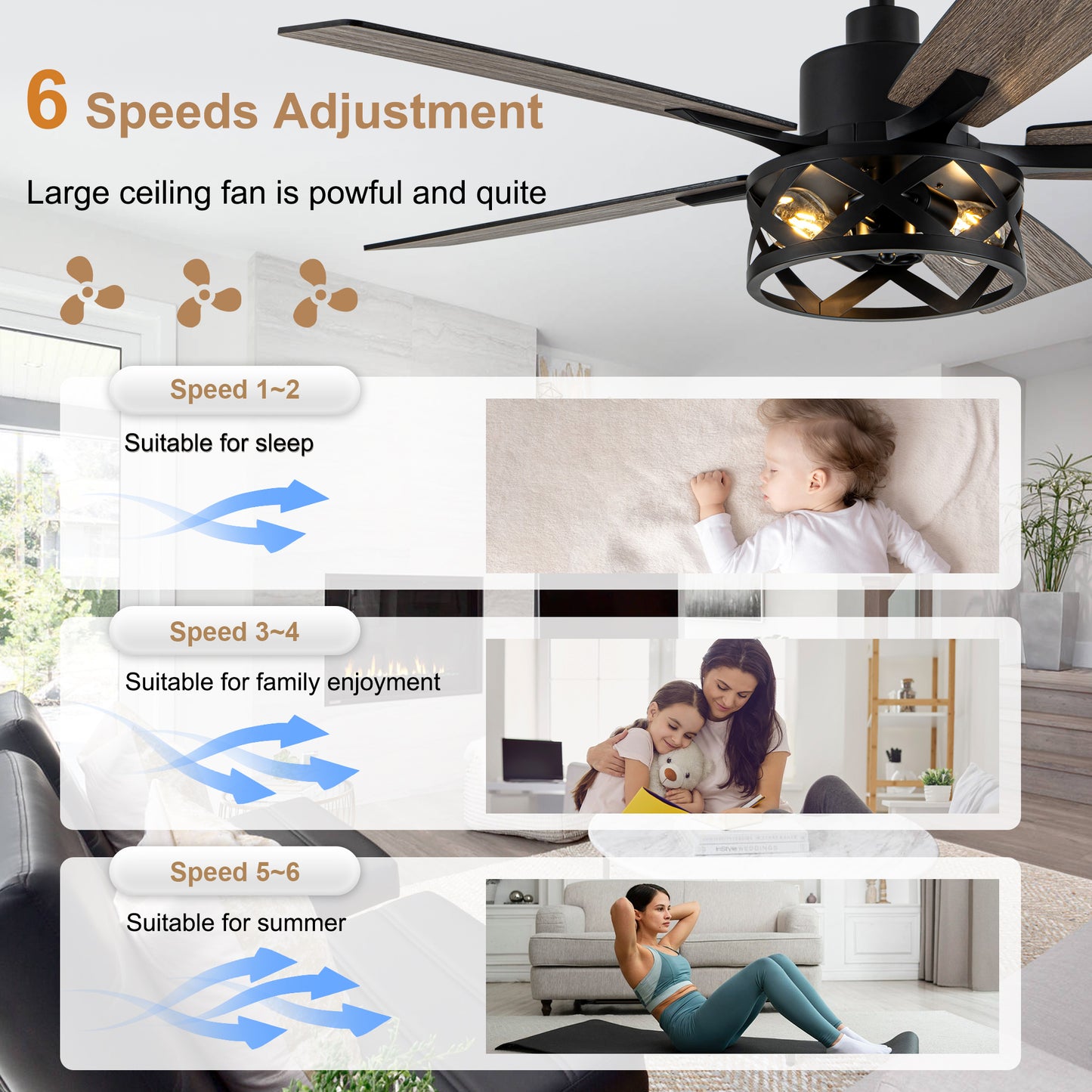 MD-FS8962XL-BellaDepot 52" Industrial Wood Grain Caged Ceiling Fan with Remote and Reversible Blades, Large Size 6-speed Ceiling Fan with Lights
