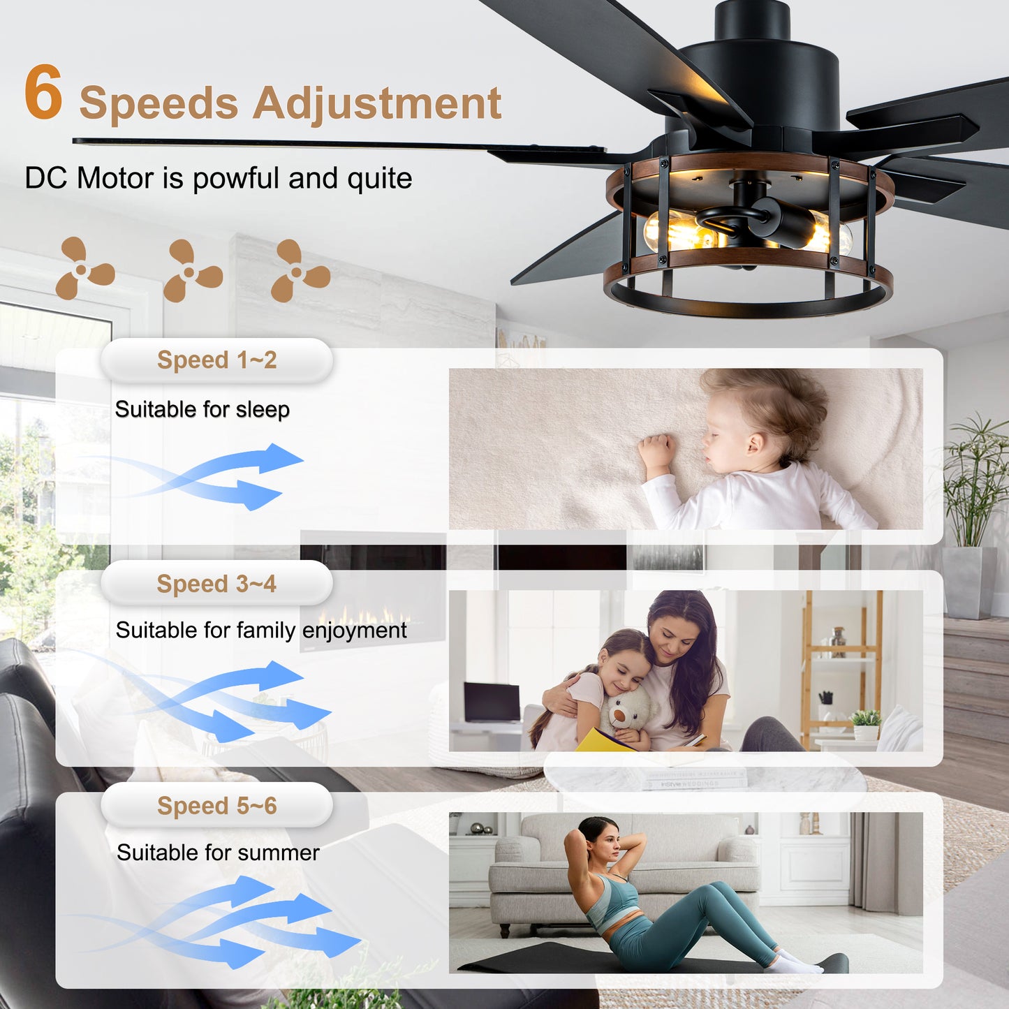 DC255204-B-BellaDepot Wood Grain 6 Speeds Ceiling Fan with Reversible Blades and Downrods, Remote-controlled Large Size Fan Lights