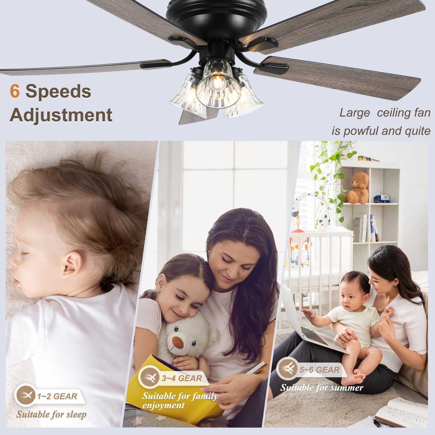 DC5215GED-BellaDepot 52" 5 Wooden Blades Retro Reversible Flush Mounted Ceiling Fan with Remote and Lights, 6-speed Large Size Ceiling Fan