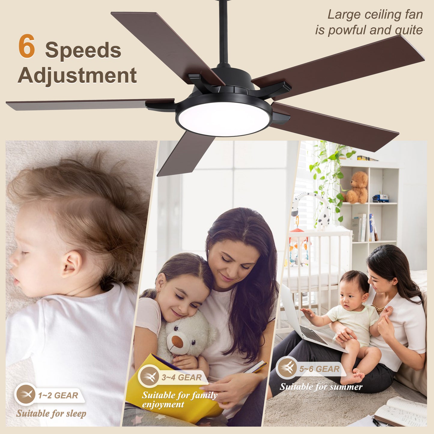 HWJ5220/5221/5222-52" 5 Wooden Blades Industrial Caged Reversible Ceiling Fan with Remote and LED Lights, Large Size 6-speed Ceiling Fan