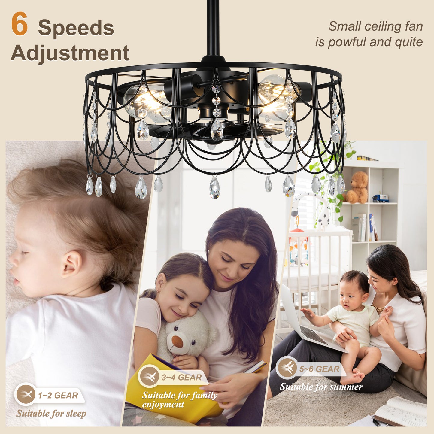 DC2105-20.8" Black/Silver Finish Luxury Crystal Reversible Ceiling Fan with Remote and 4 Lights, 6-speed Bladeless Ceiling Fan