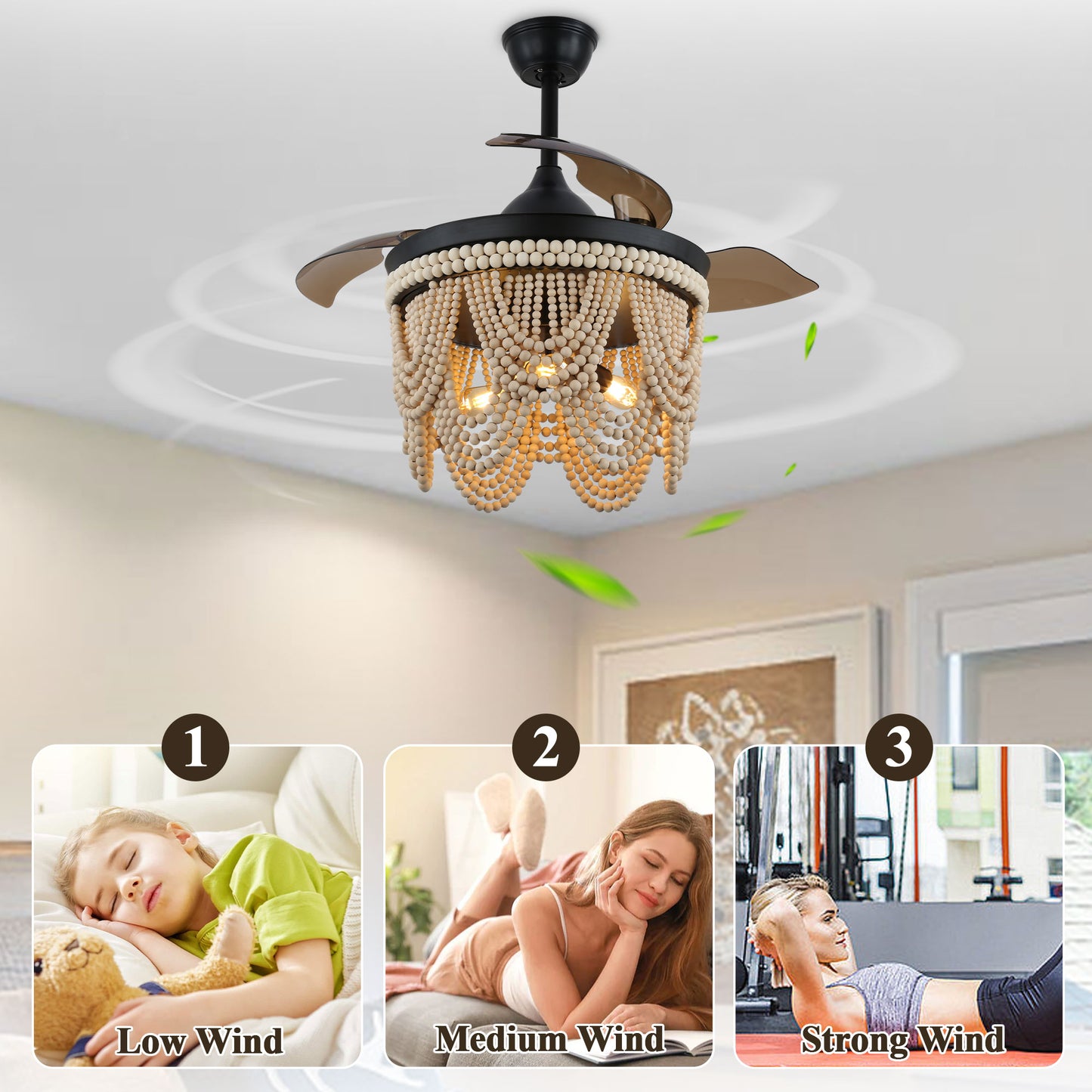 DC4265-BellaDepot 42" Gold/Black/White Retractable Reversible Ceiling Fan with Remote and 3 Lights