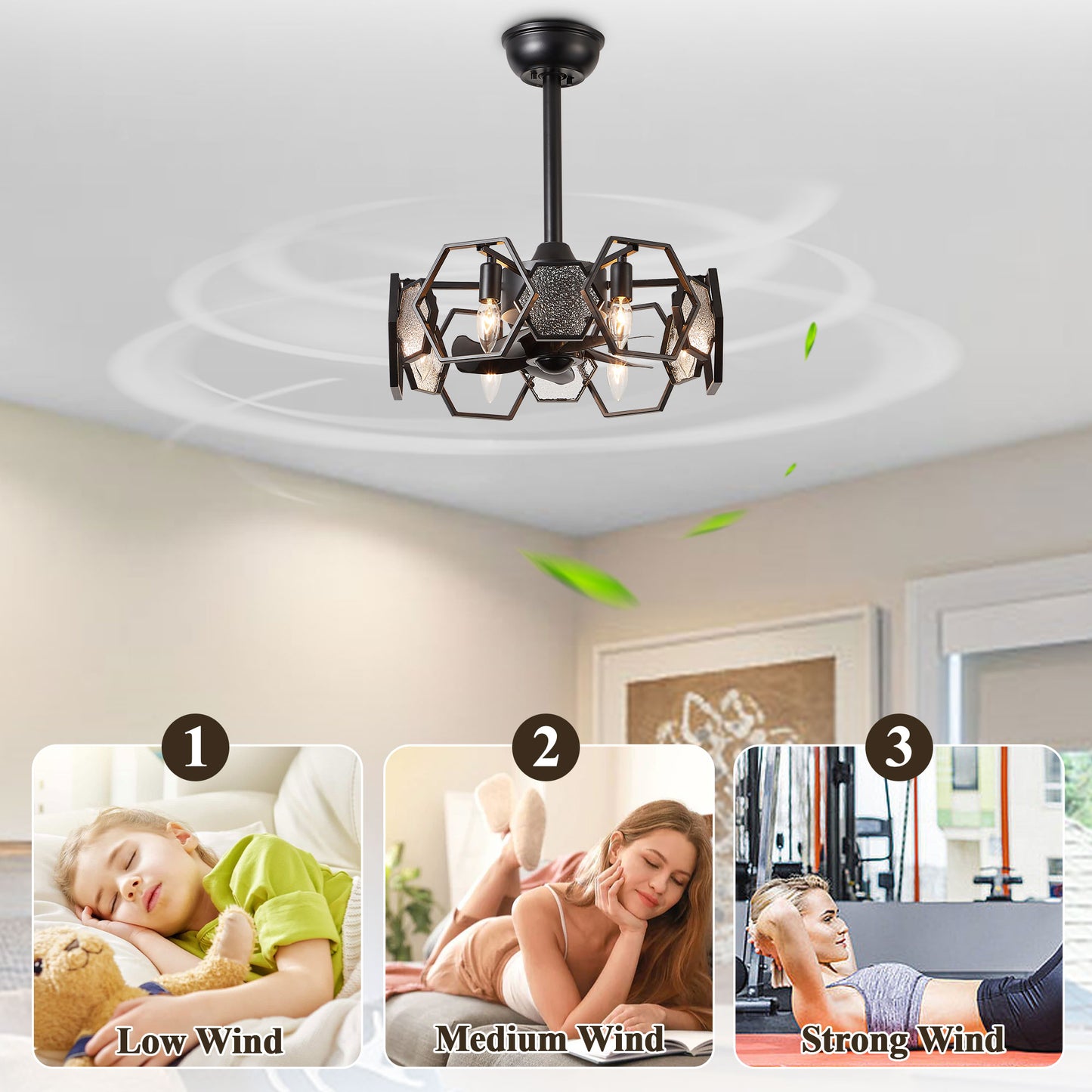 DC1903-BellaDepot 18.9" Gold/Black/Silver Finish Geometric Reversible Ceiling Fan with 6 Lights and Remote