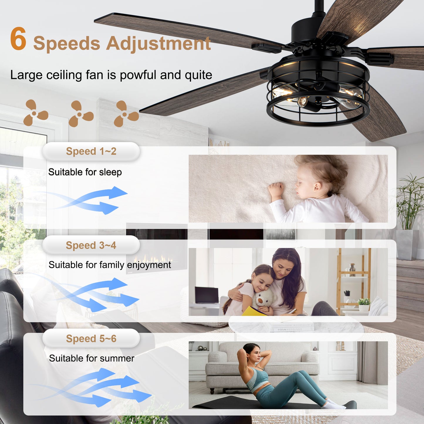 MD-FS8930XL-BellaDepot 52" Industrial Metal Caged Fan Lights with Remote Control, Silent DC Motor Ceiling Fan for Any Seasons