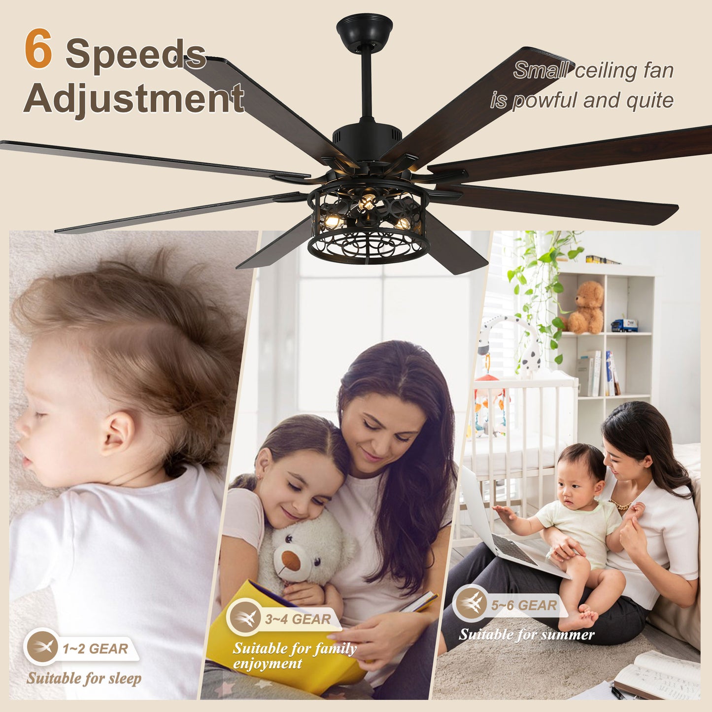 DC7201-72" 8 Wooden Blades White/Black Farmhouse Reversible Ceiling Fan with Remote and 3 Lights, Large Size Ceiling Fan