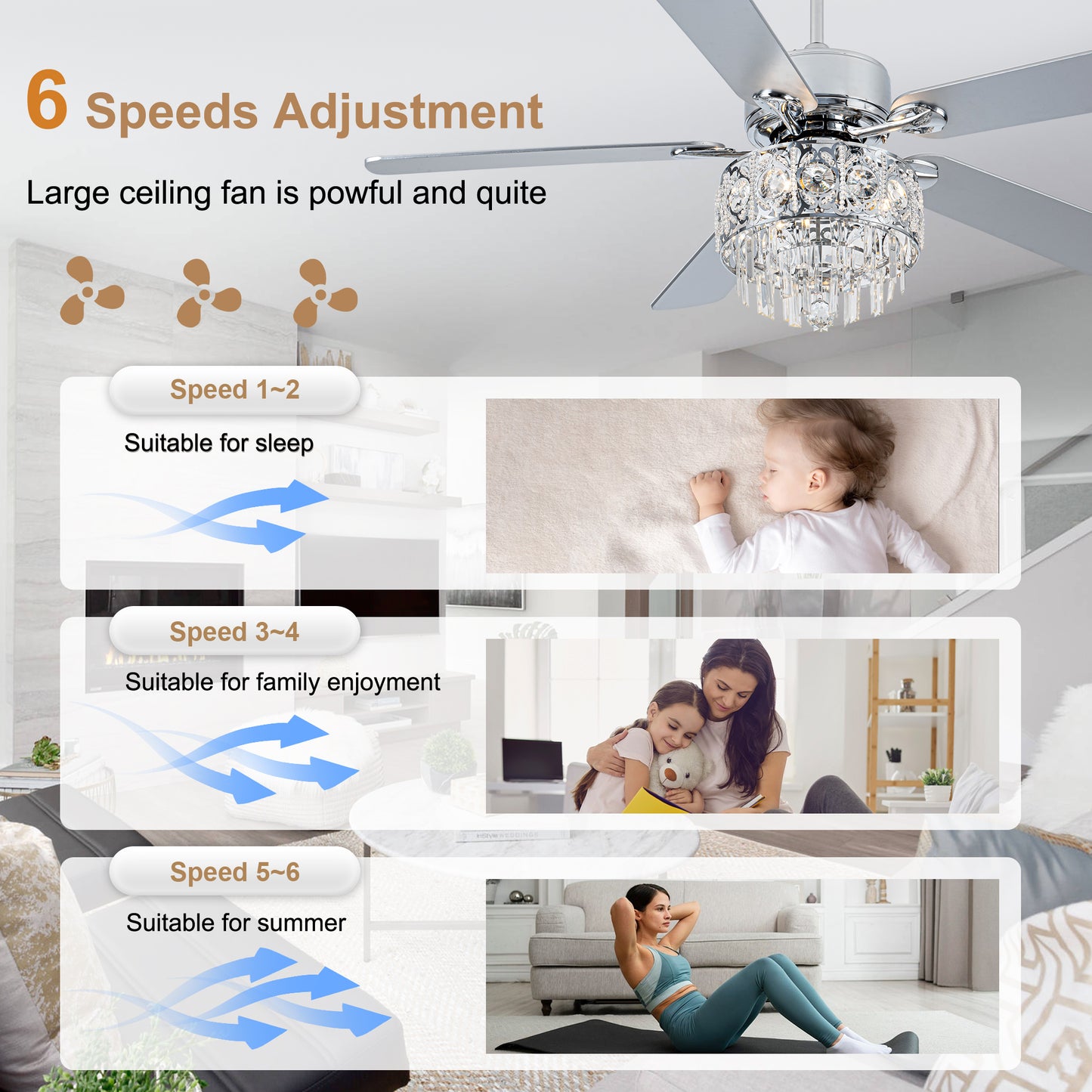 BD2064-52" Silver Finish Deluxe Crystal Reversible Ceiling Fan with 3 Lights and Remote
