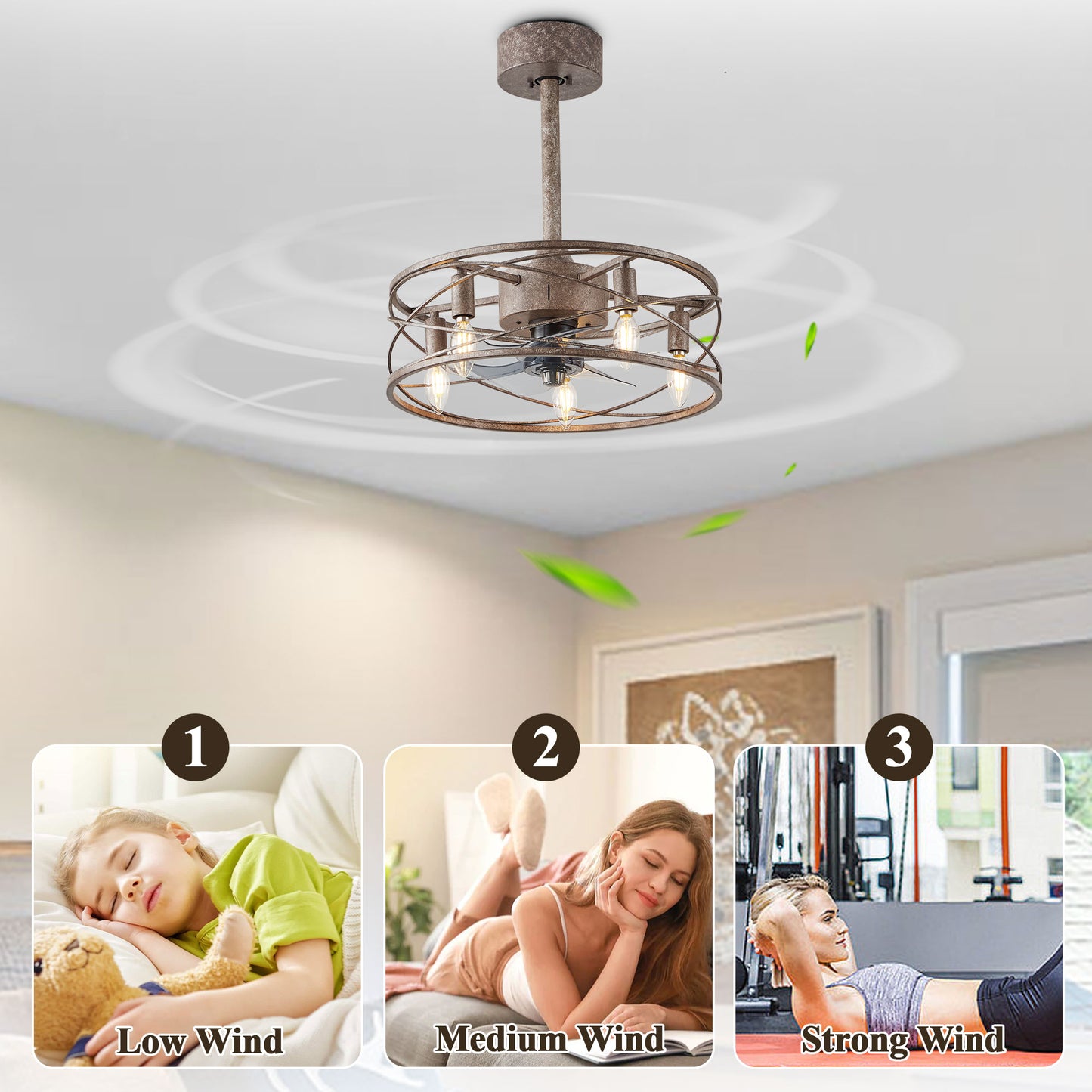 GED001-BellaDepot 18" Distressed Retro Reversible Caged Ceiling Fan with Remote and 5 Lights