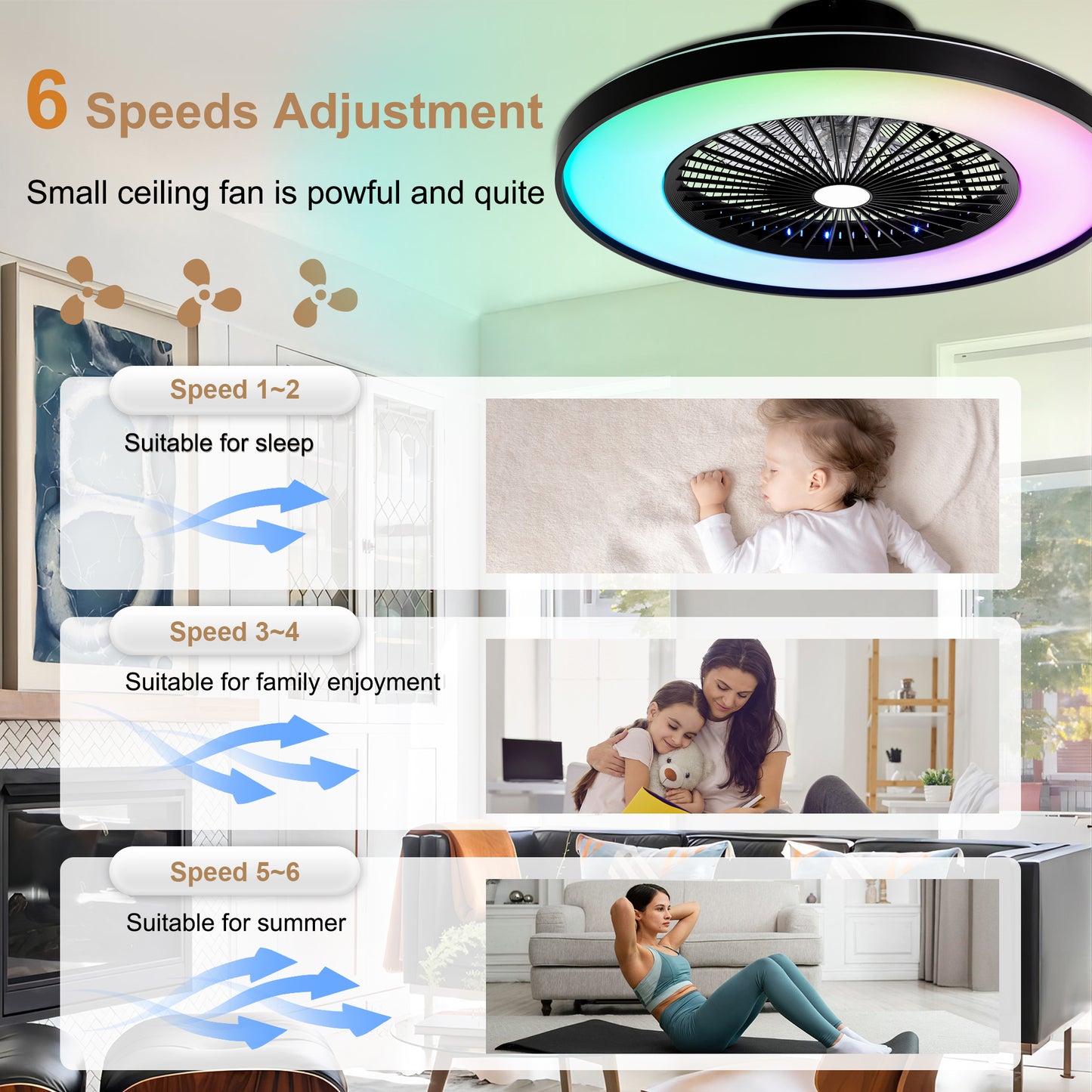 HWJ2310-23" RGB Flush Mount Smart Ceiling Fan with Remote Control, Bedroom Fan Lights with 6 Wind Speeds
