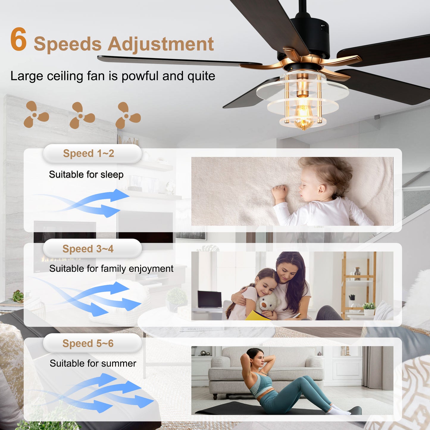 BellaDepot 52" Modern Black or Chrome Acrylic Shade Ceiling Fan with Remote Control, 5 Blades Standard Ceiling Fan with Lights - DC5222-B/C