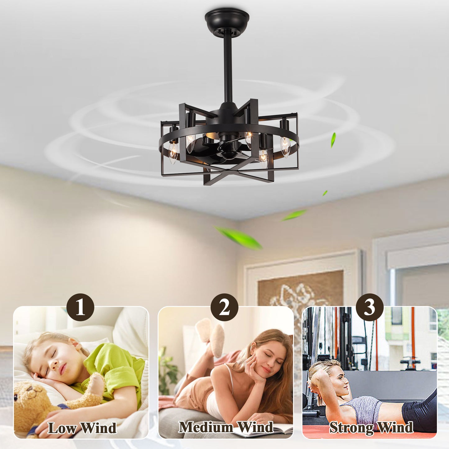 DC1816-BellaDepot 17.7" Black/Silver Industrial Caged Reversible Ceiling Fan with Remote and Lights, DC Motor Ceiling Fan