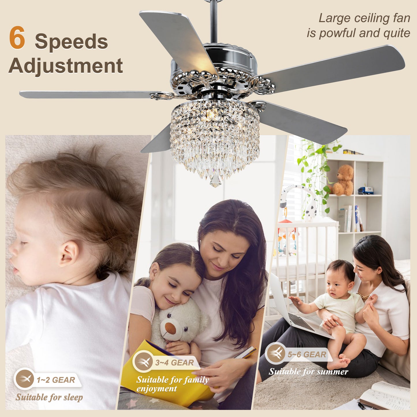 DC2017-BellaDepot 52" Luxury Crystal Chandelier Ceiling Fan with Remote and 3 Lights, Large Size Ceiling Fan