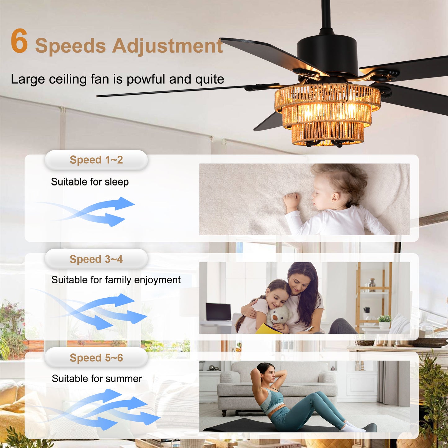 BellaDepot 52" Farmhouse Brown Rattan Caged Ceiling Fan with Remote Control, 5 Blades Standard Ceiling Fan with Lights - DC5221