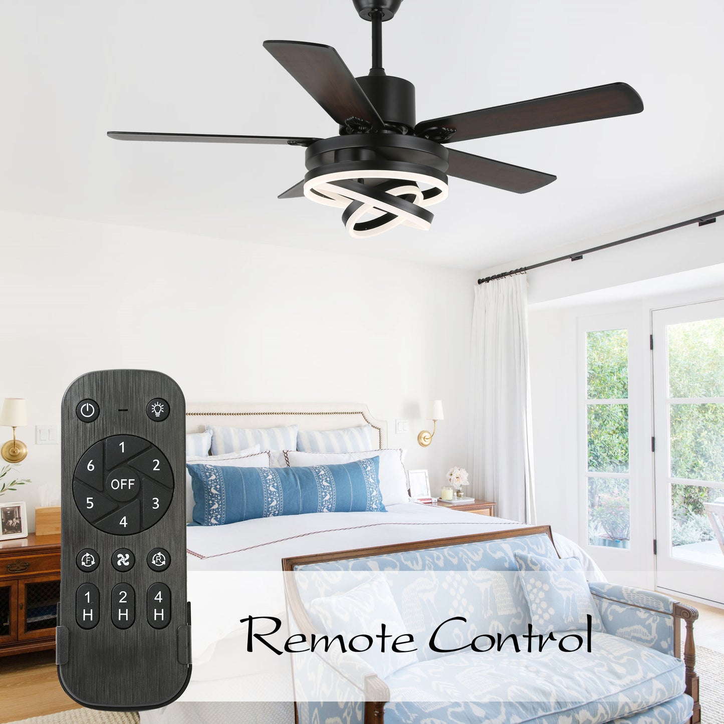 DC2062-BellaDepot 52" Black/Silver Finish Dimmable Ceiling Fan with Remote and LED Light Kit Included, 6-speed Ceiling Fan