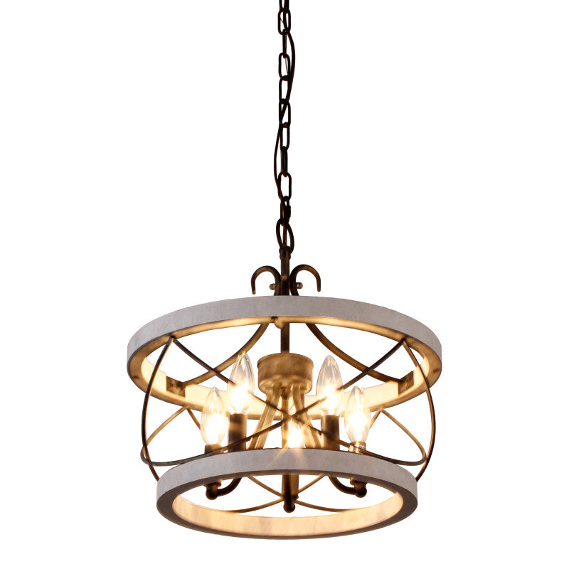 FC4059-BellaDepot 15.7" Distressed Wood/Distressed White Mid Century Caged Chandelier, Wood Pendant Light with Adjustable Chain - FC4059